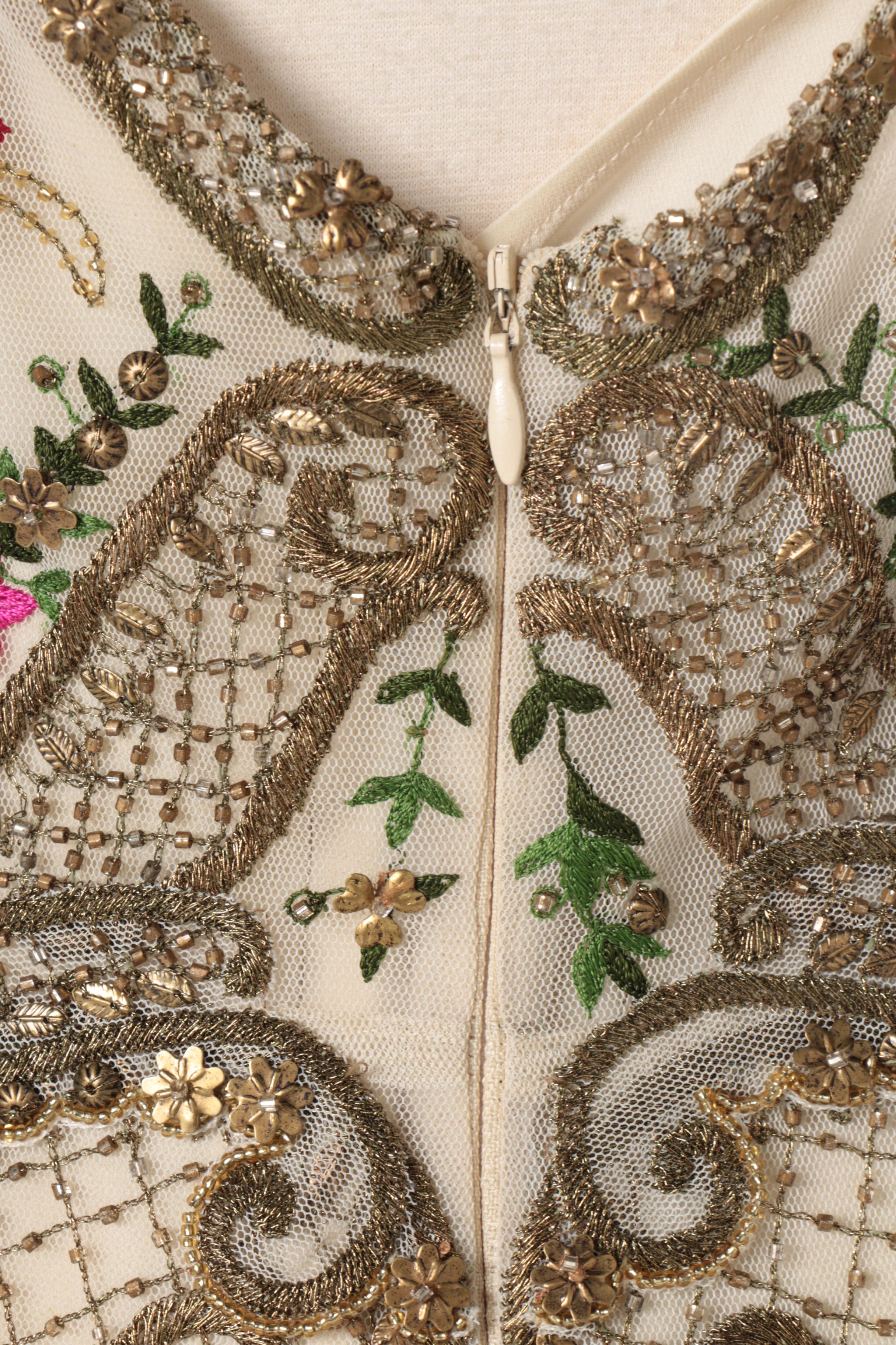 Reem Acra Beaded and Floral Embroidered Floor Length Gown