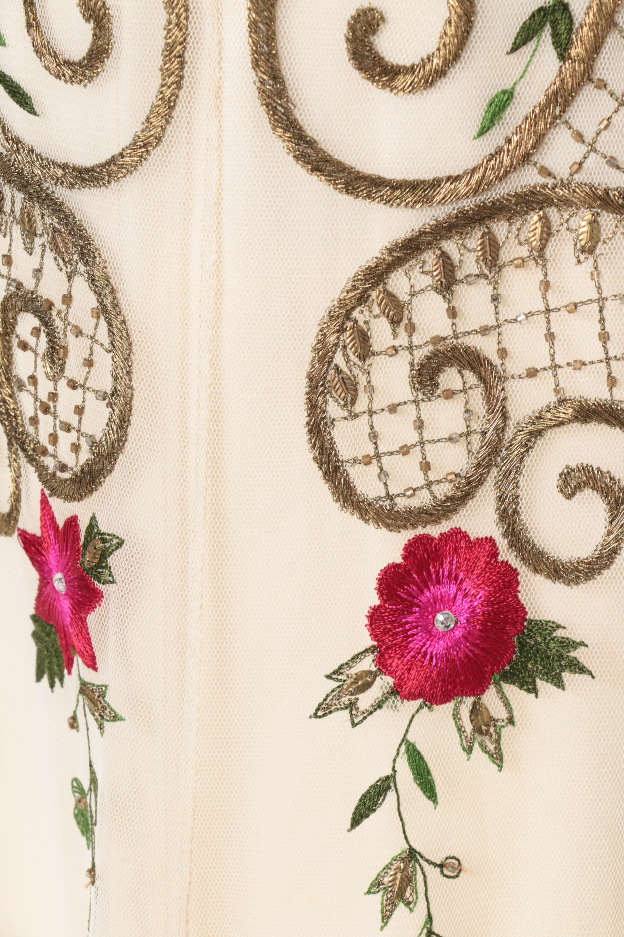 Reem Acra Beaded and Floral Embroidered Floor Length Gown