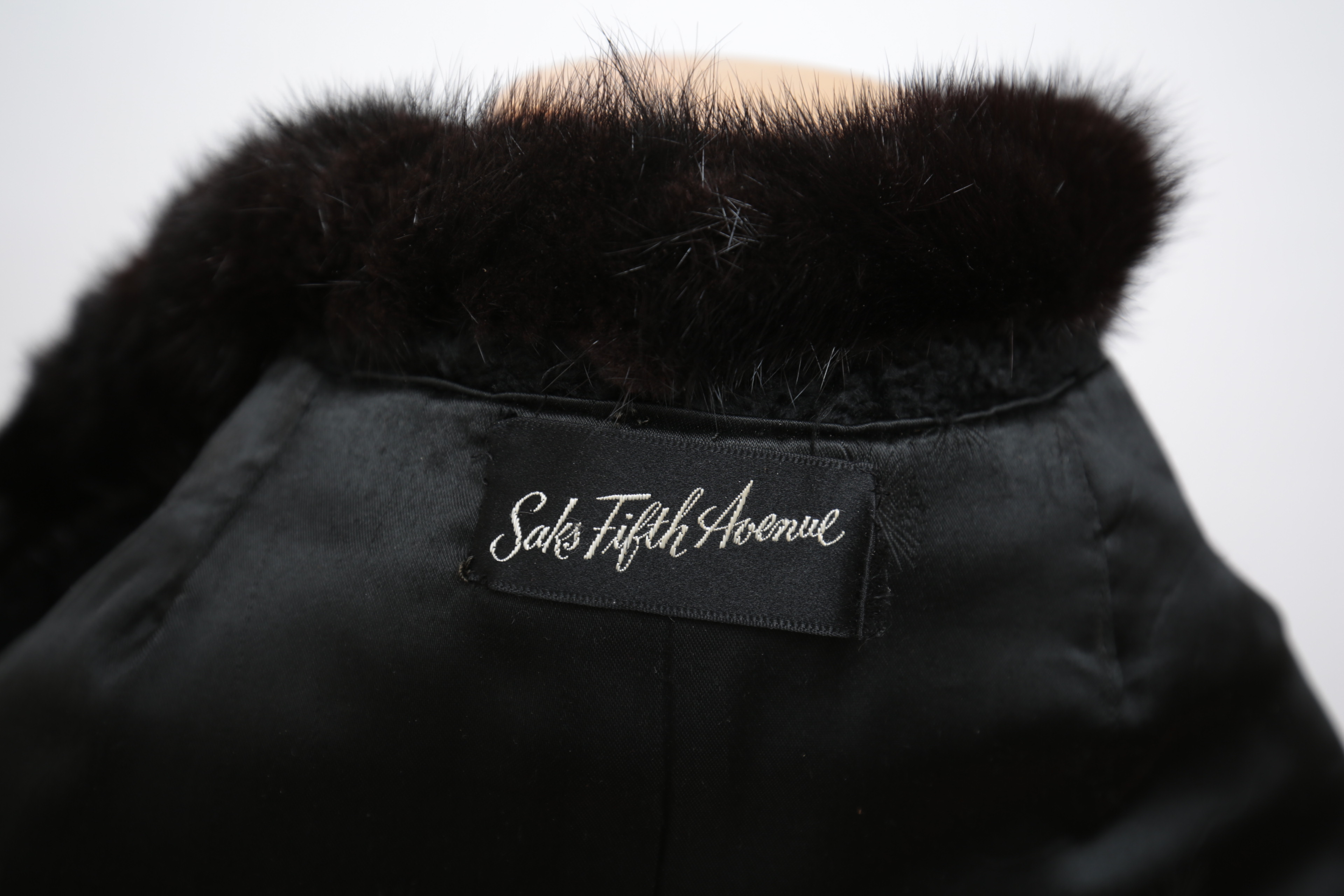 Vintage Saks Fifth Avenue Black Broadtail Lamb Fur Jacket with Mink Fur Collar