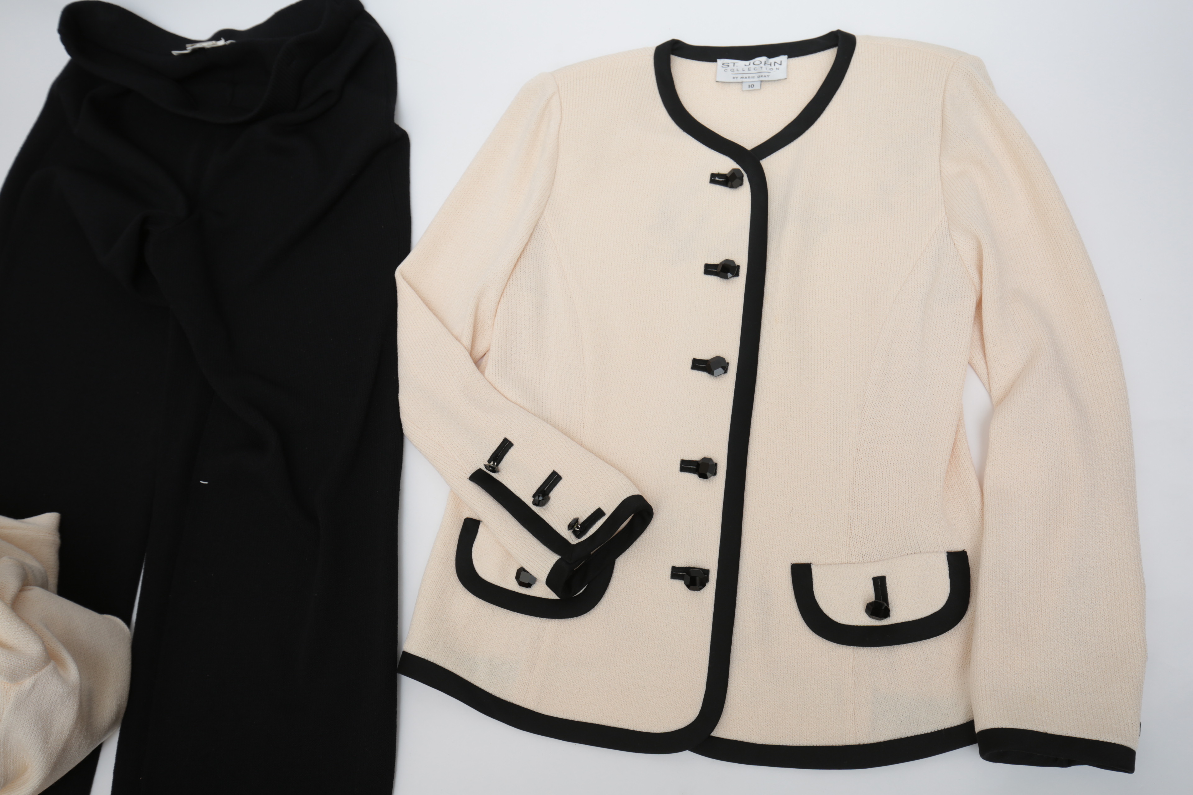 St. John Knitwear Set in Cream with Black Knit Trousers