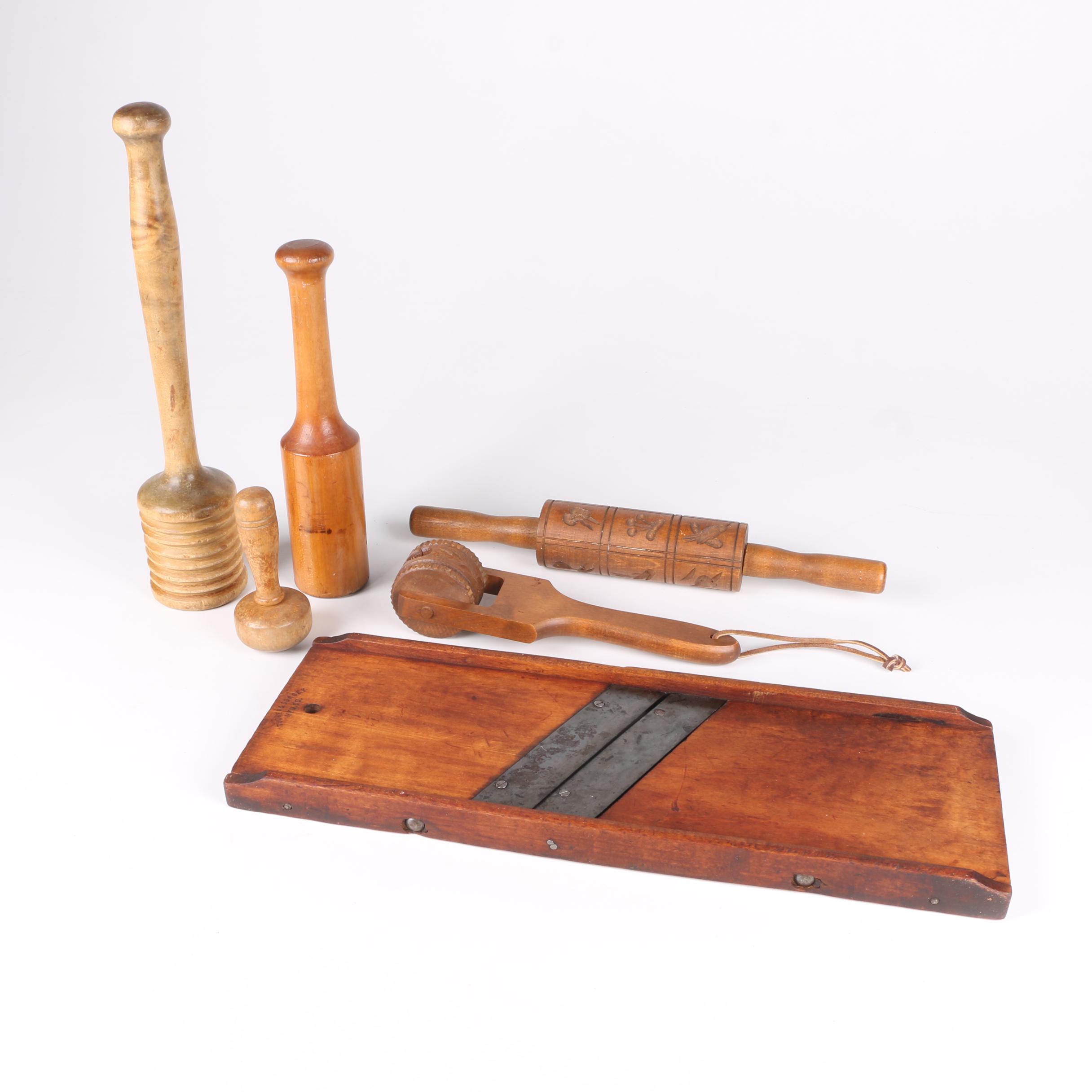 Antique and Vintage Wooden Kitchen Tools Including Mandoline Slicer