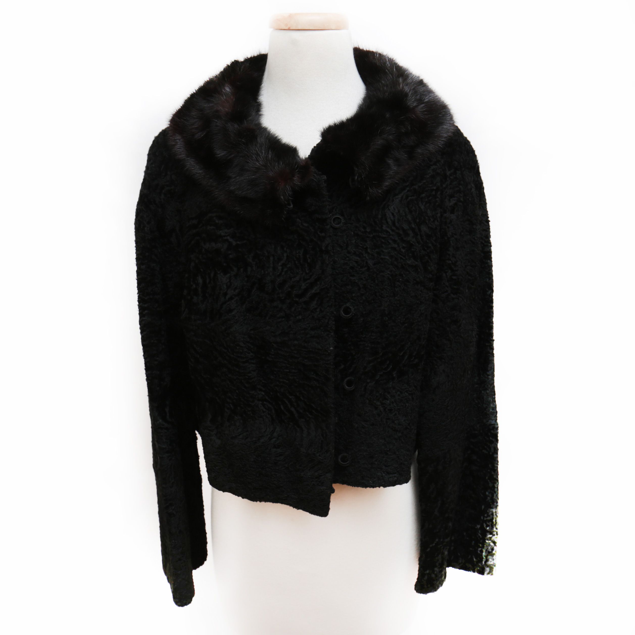 Vintage Saks Fifth Avenue Black Broadtail Lamb Fur Jacket with Mink Fur Collar