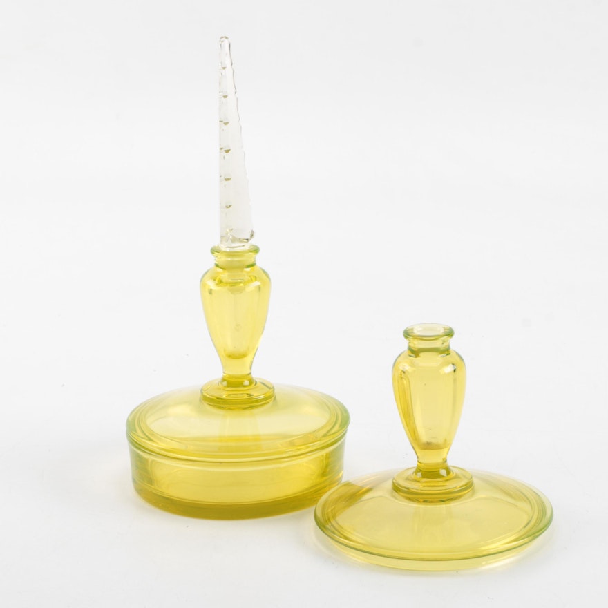 Antique Vaseline Glass Vanity Set