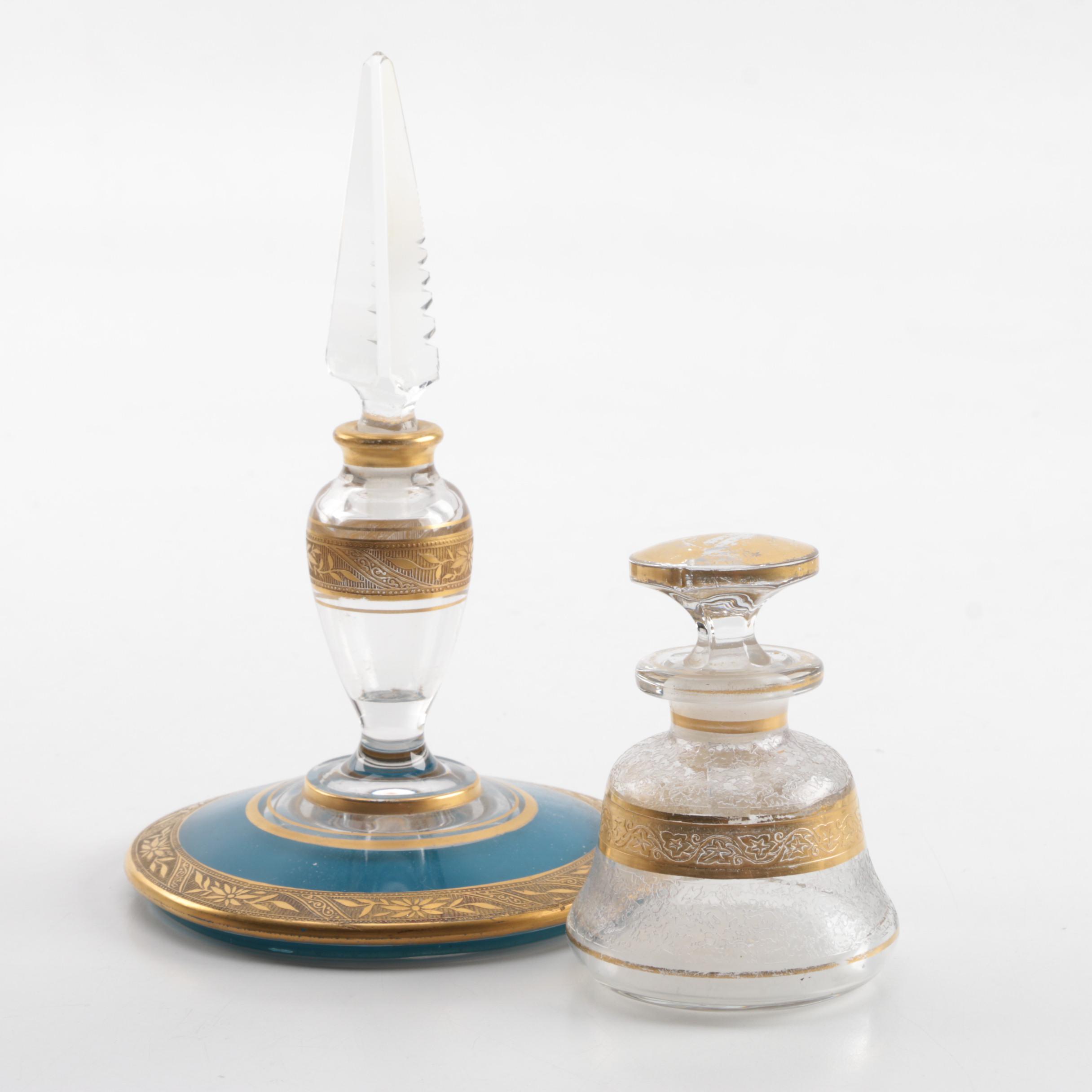 Pair of Vintage Gilt Overlay Glass Perfume Bottles