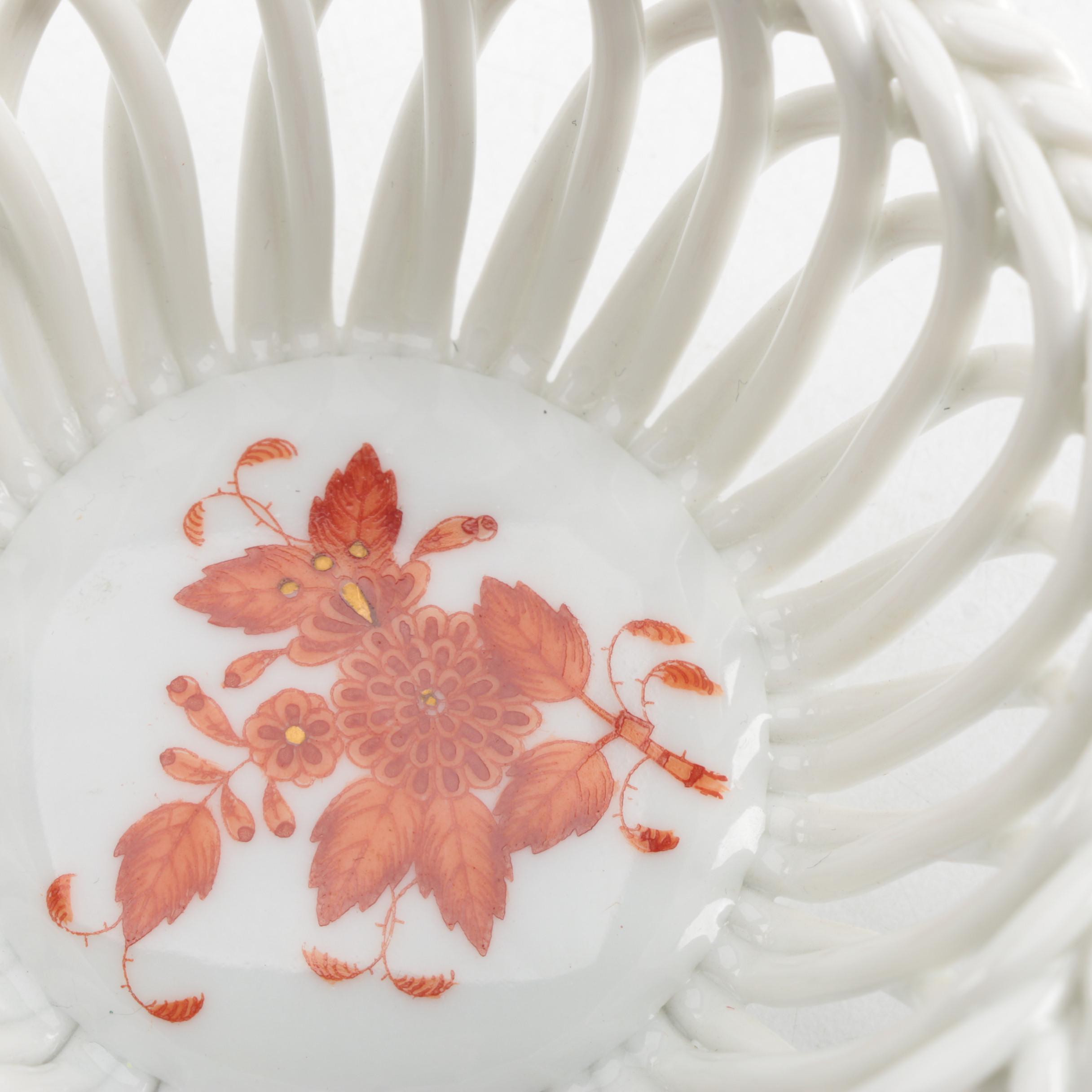 Herend Hungary Porcelain "Chinese Bouquet Rust" Open Weave Basket