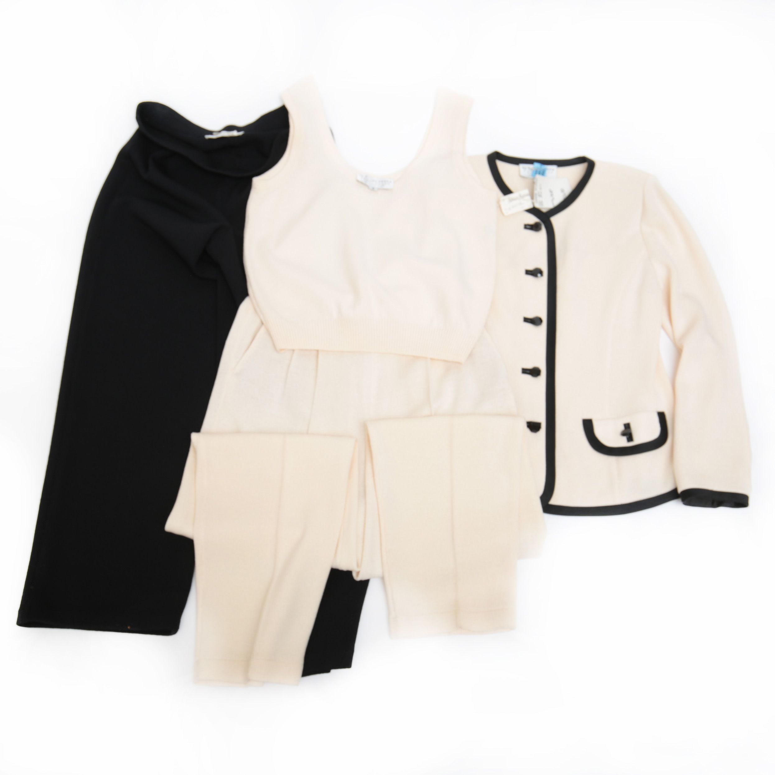 St. John Knitwear Set in Cream with Black Knit Trousers