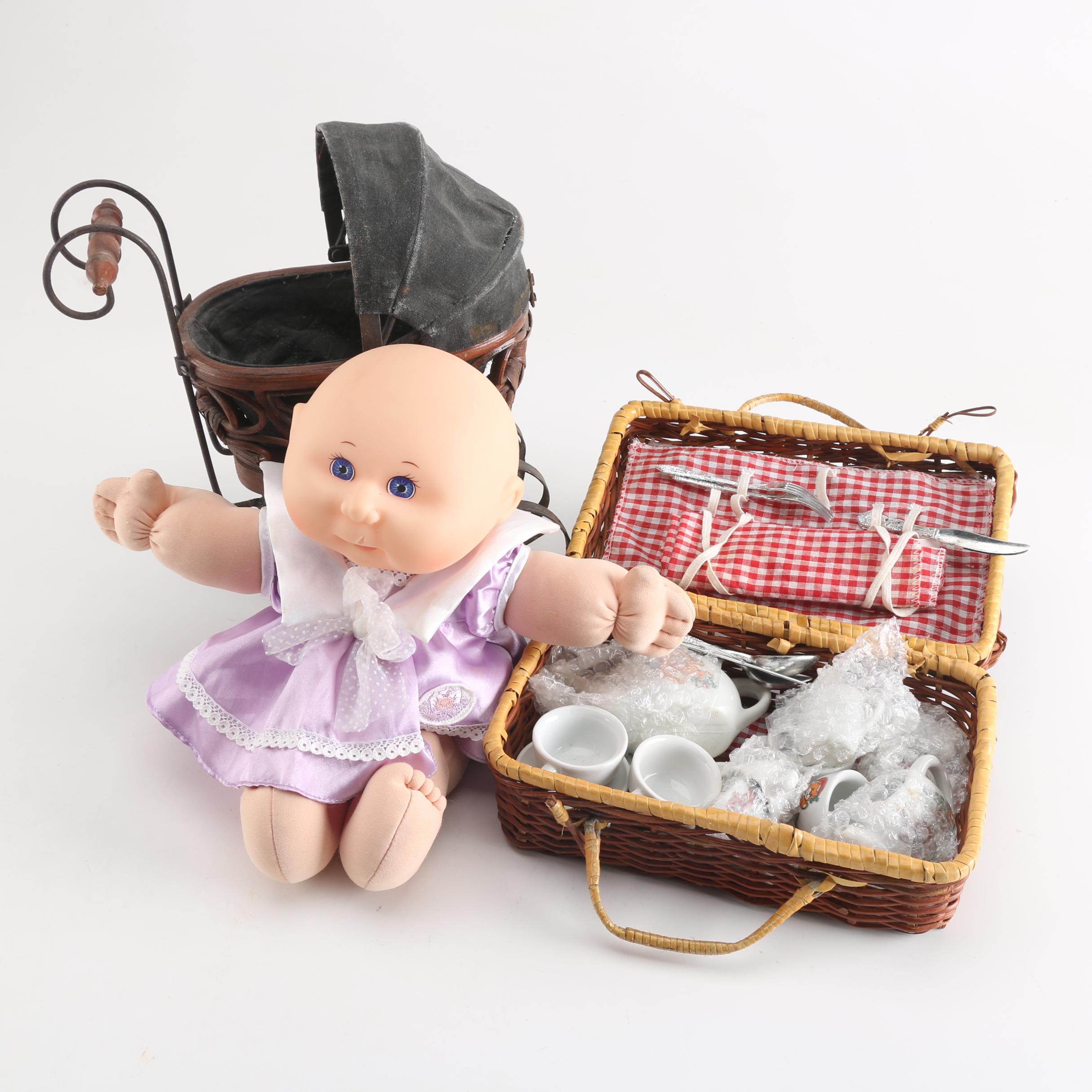 Vintage Cabbage Patch Kid and Doll Carriage with Picnic Basket