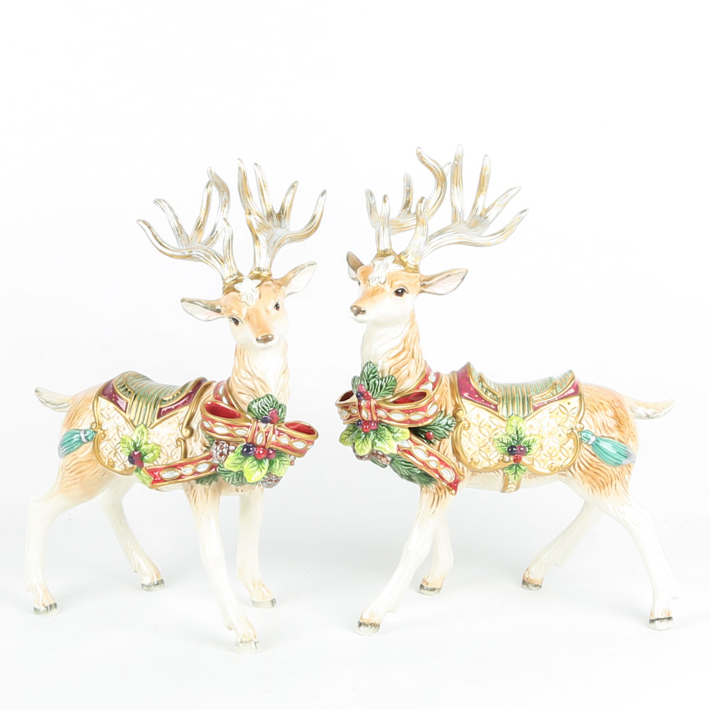 Fitz and Floyd "Florentine Christmas" White Stag Figurines