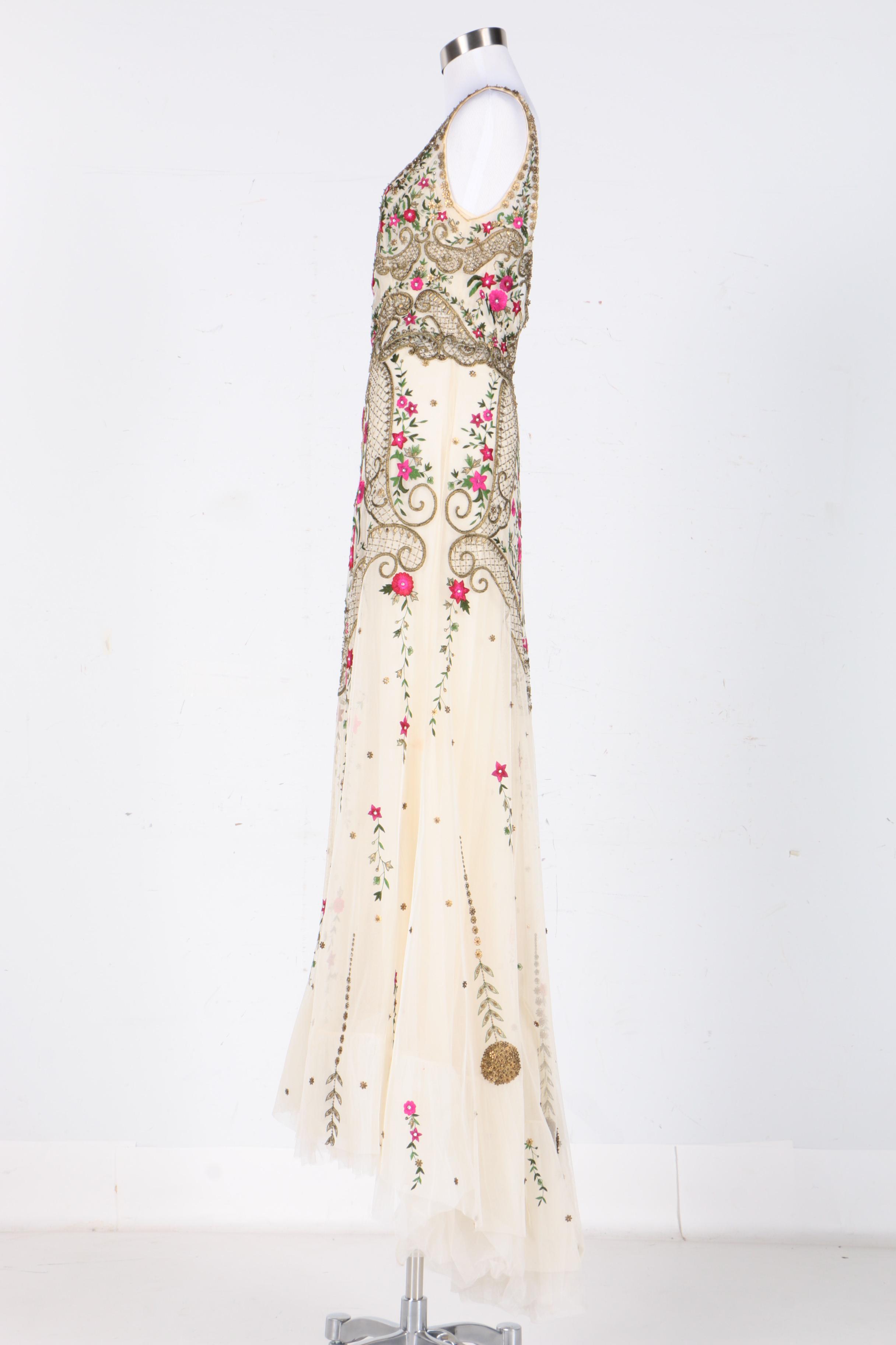 Reem Acra Beaded and Floral Embroidered Floor Length Gown