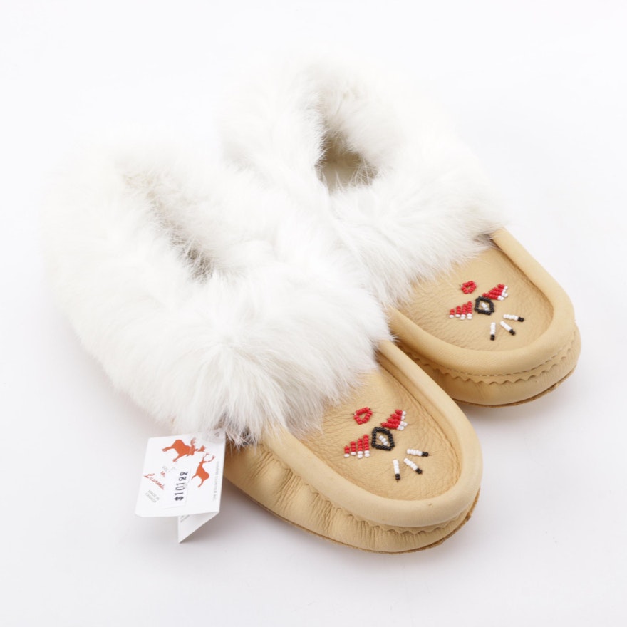 Laurentian Chief Leather and Rabbit Fur Moccasins