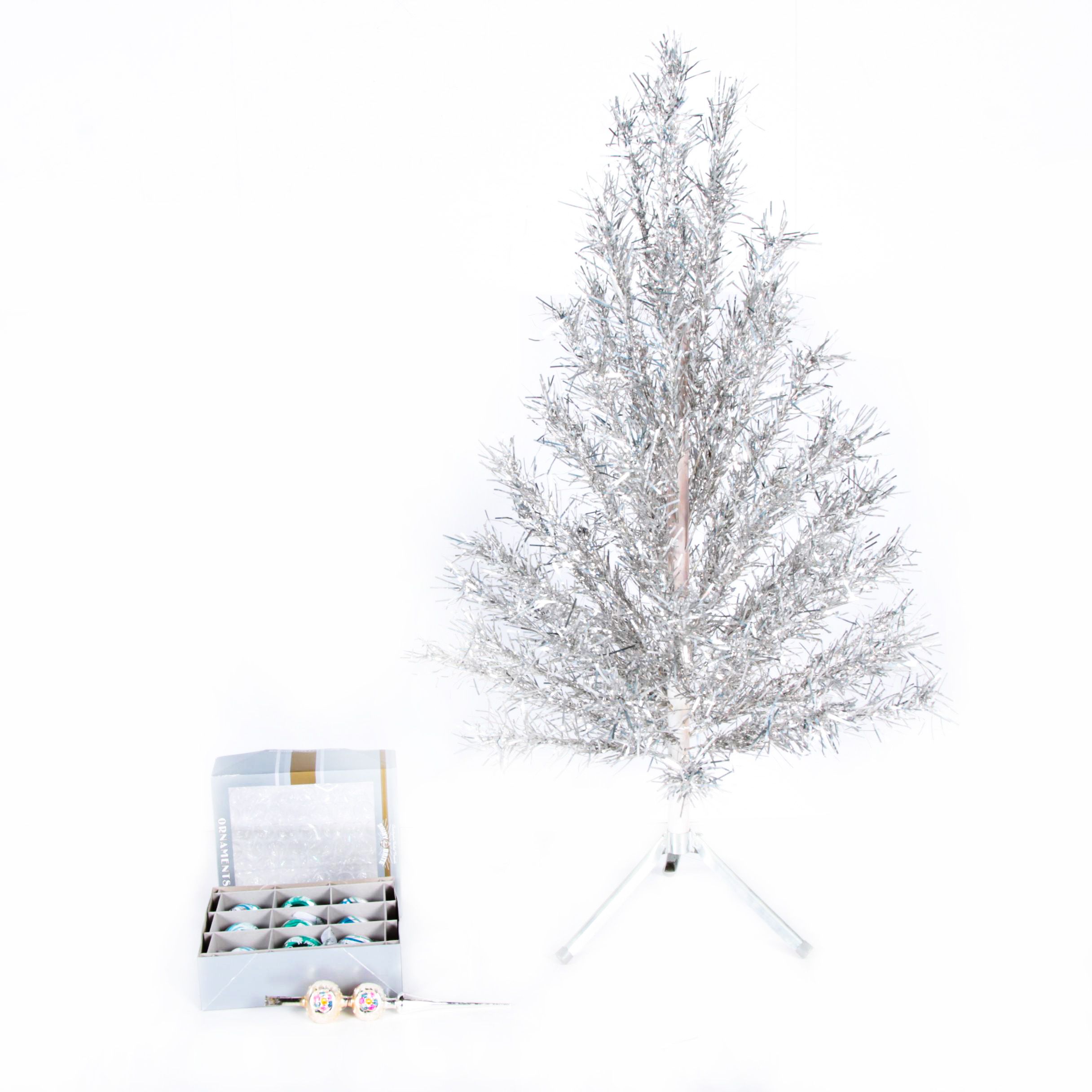 Vintage Aluminum Christmas Tree, Topper, and Shiny Brite Ornaments