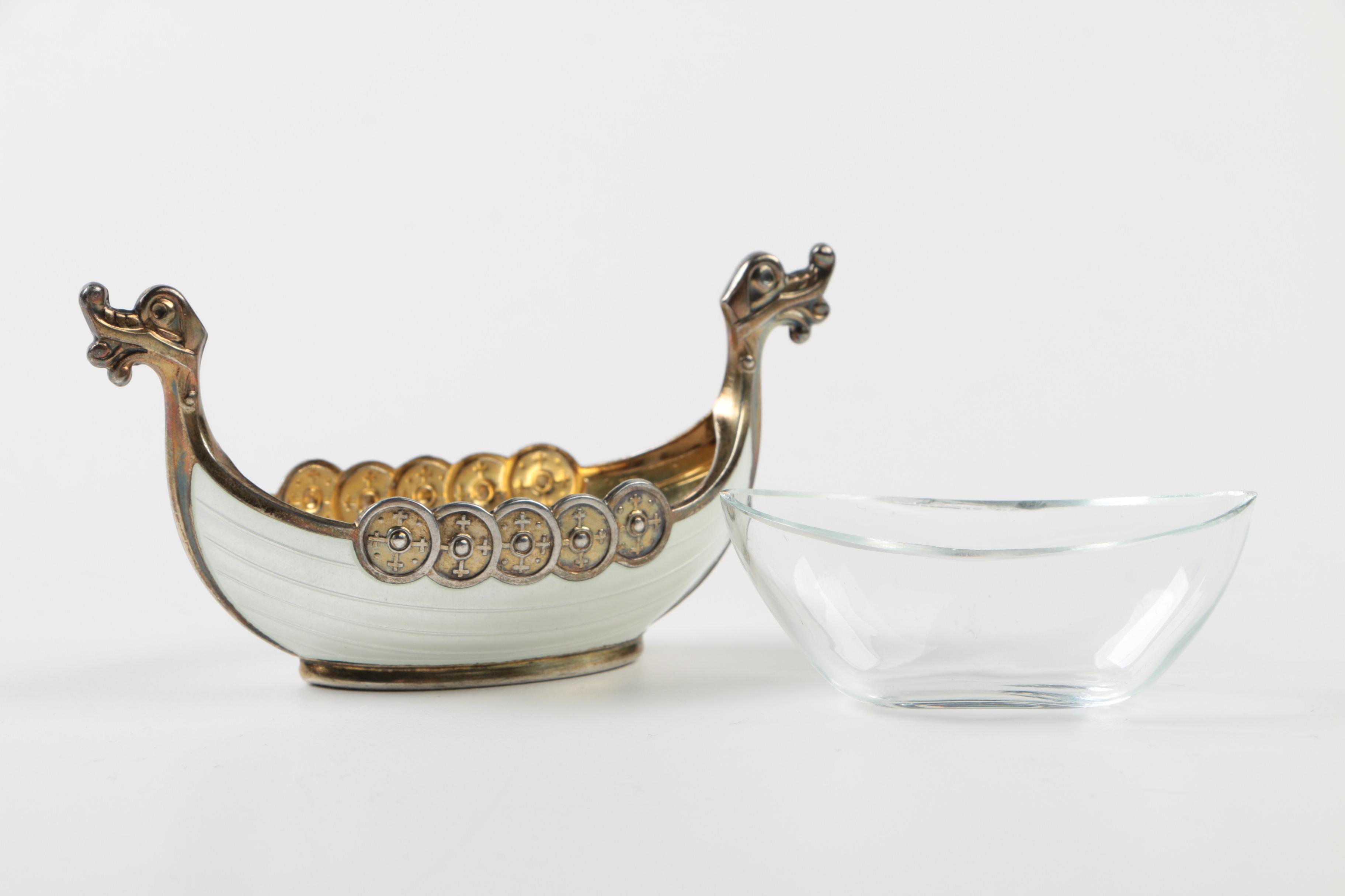 Norwegian Sterling Silver and Enamel Viking Salt Ship and Other Tableware