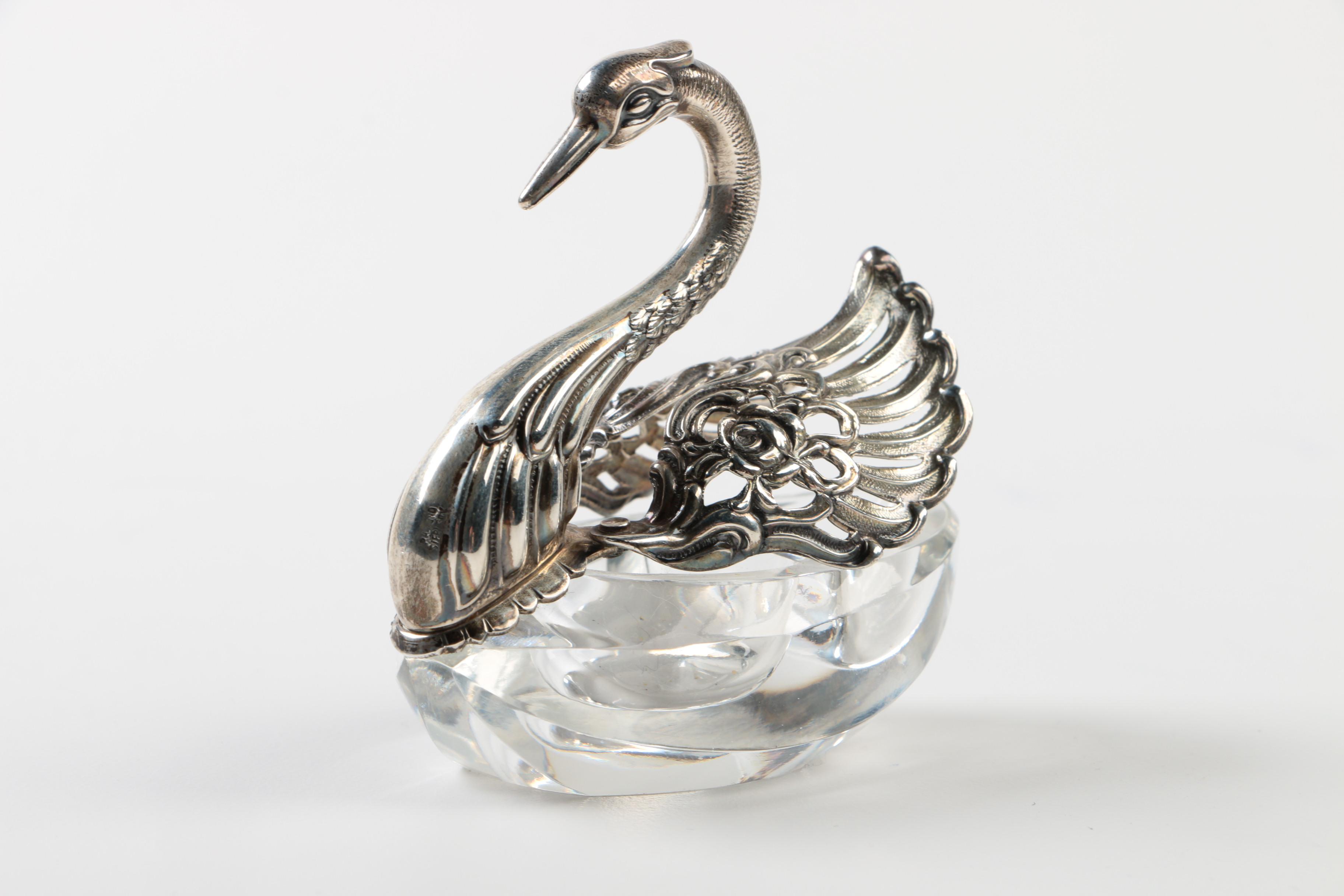 Norwegian Sterling Silver and Enamel Viking Salt Ship and Other Tableware