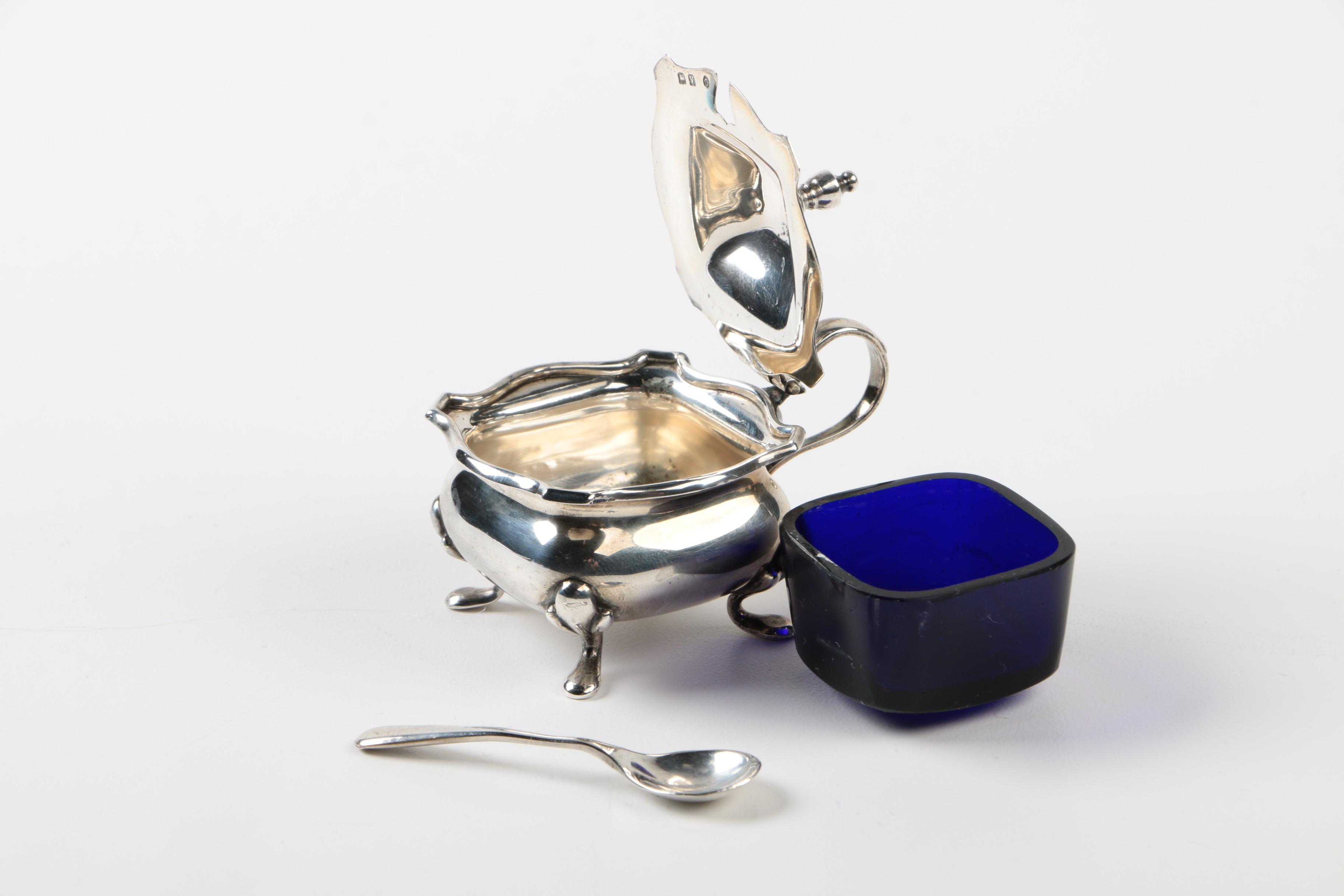 Norwegian Sterling Silver and Enamel Viking Salt Ship and Other Tableware