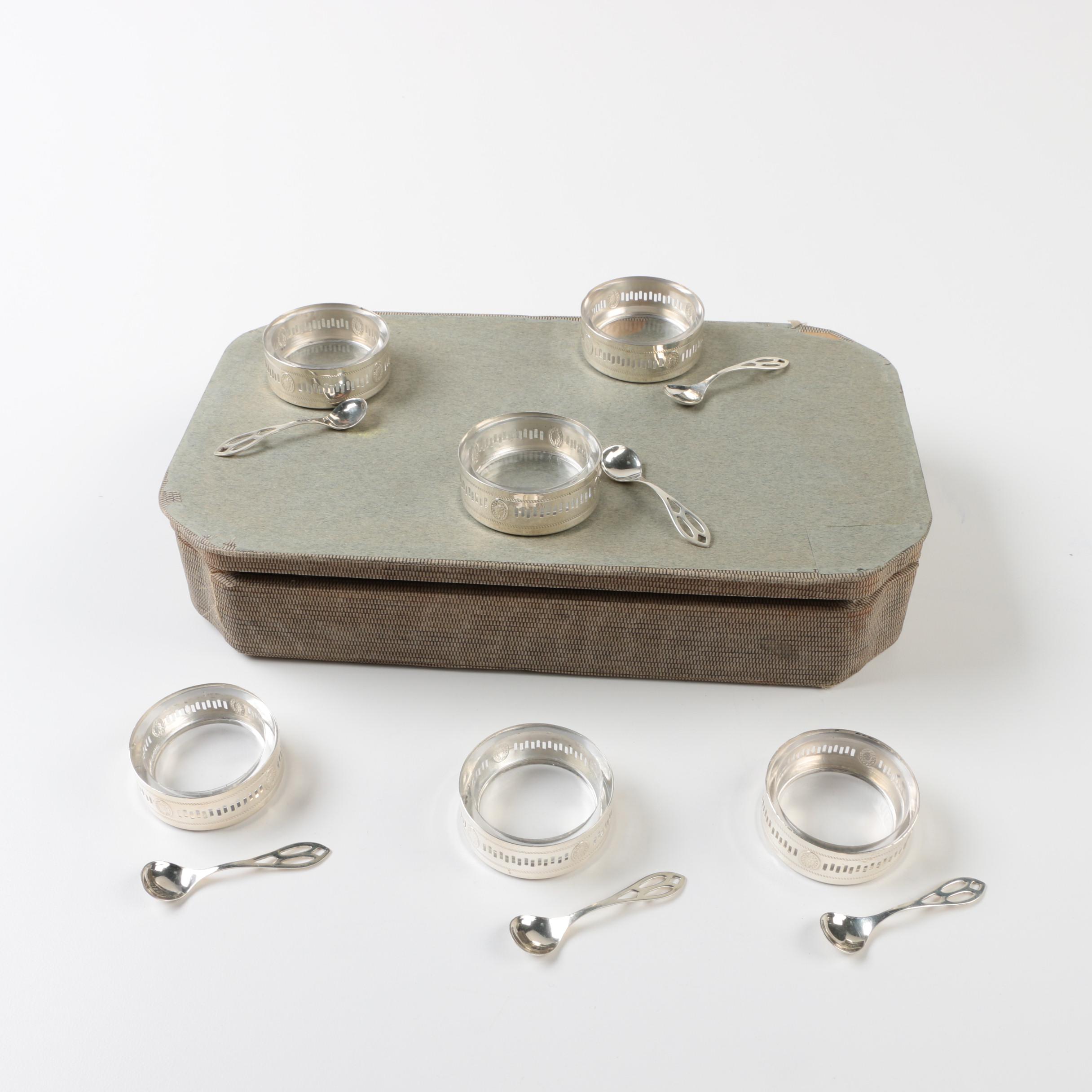 Webster Company Sterling Silver Salt Cellar and Spoon Set with Glass Inserts