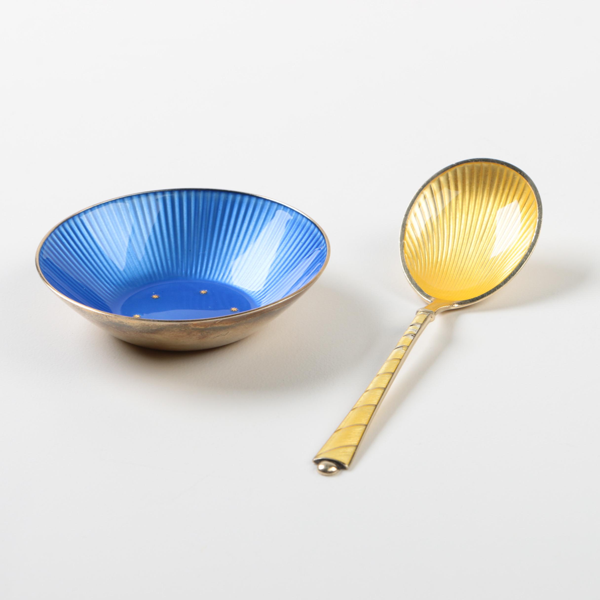 David-Andersen Gold Washed Enameled Sterling Salt Cellar and Sterling Salt Spoon