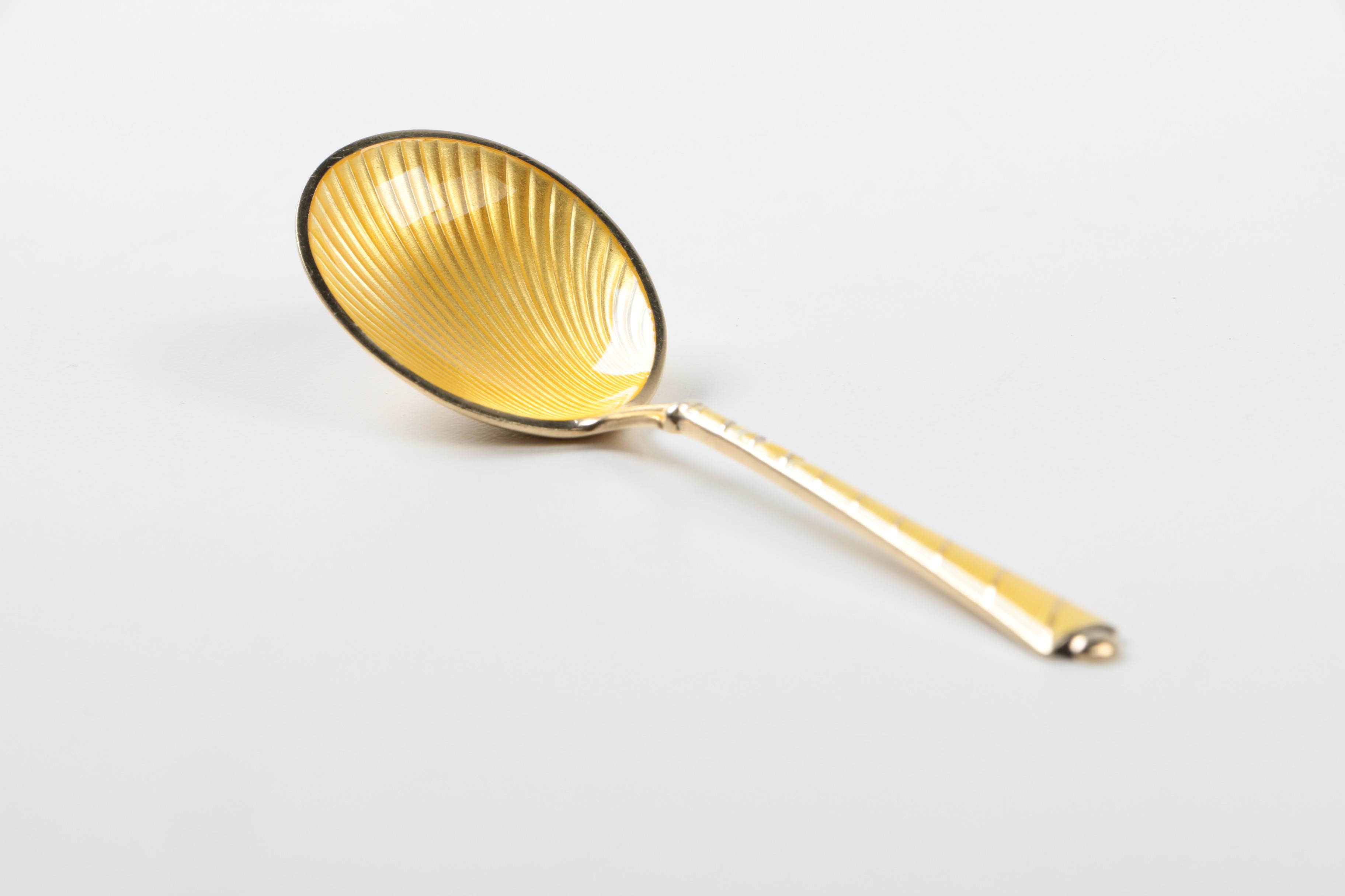 David-Andersen Gold Washed Enameled Sterling Salt Cellar and Sterling Salt Spoon