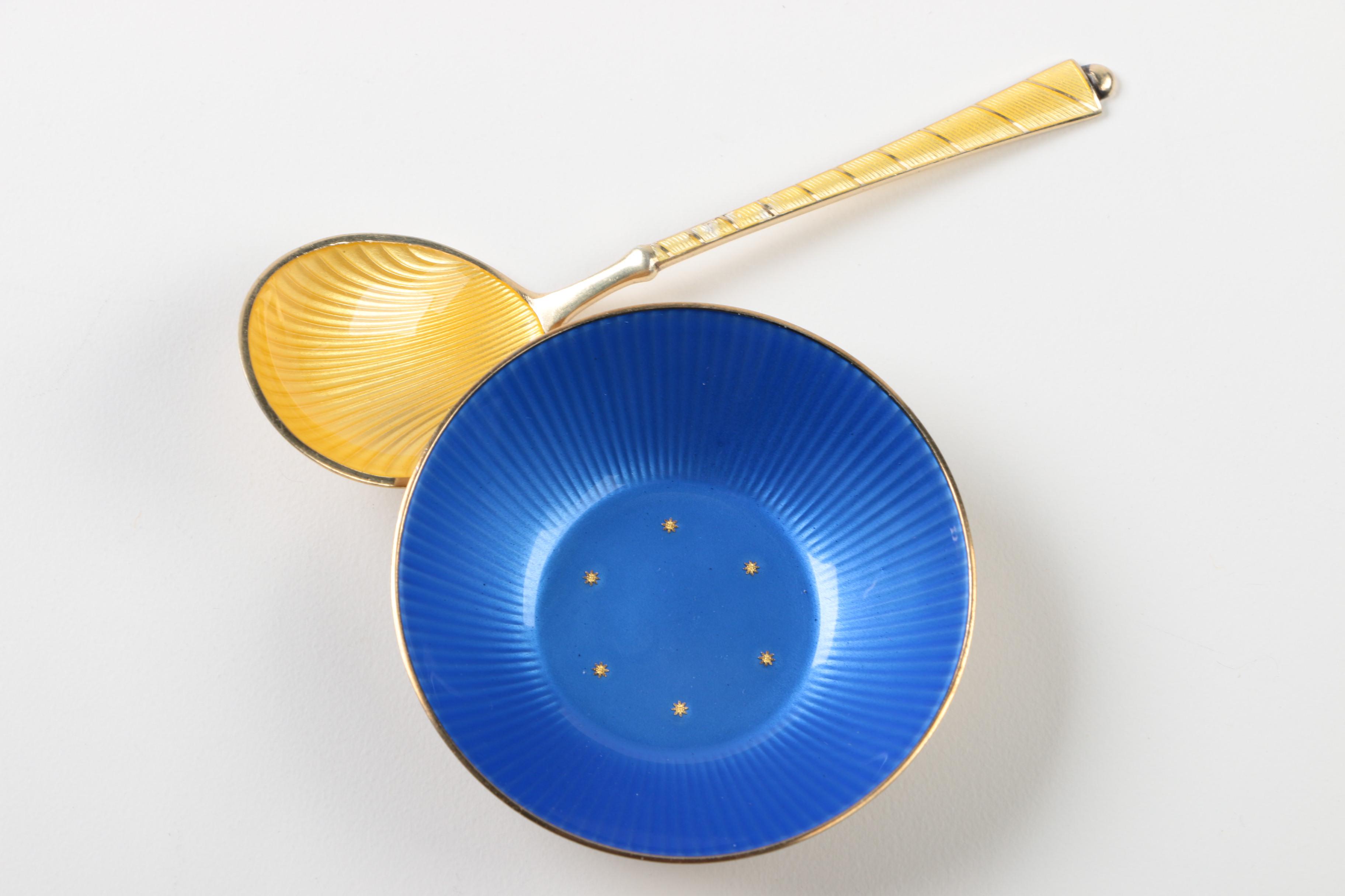 David-Andersen Gold Washed Enameled Sterling Salt Cellar and Sterling Salt Spoon