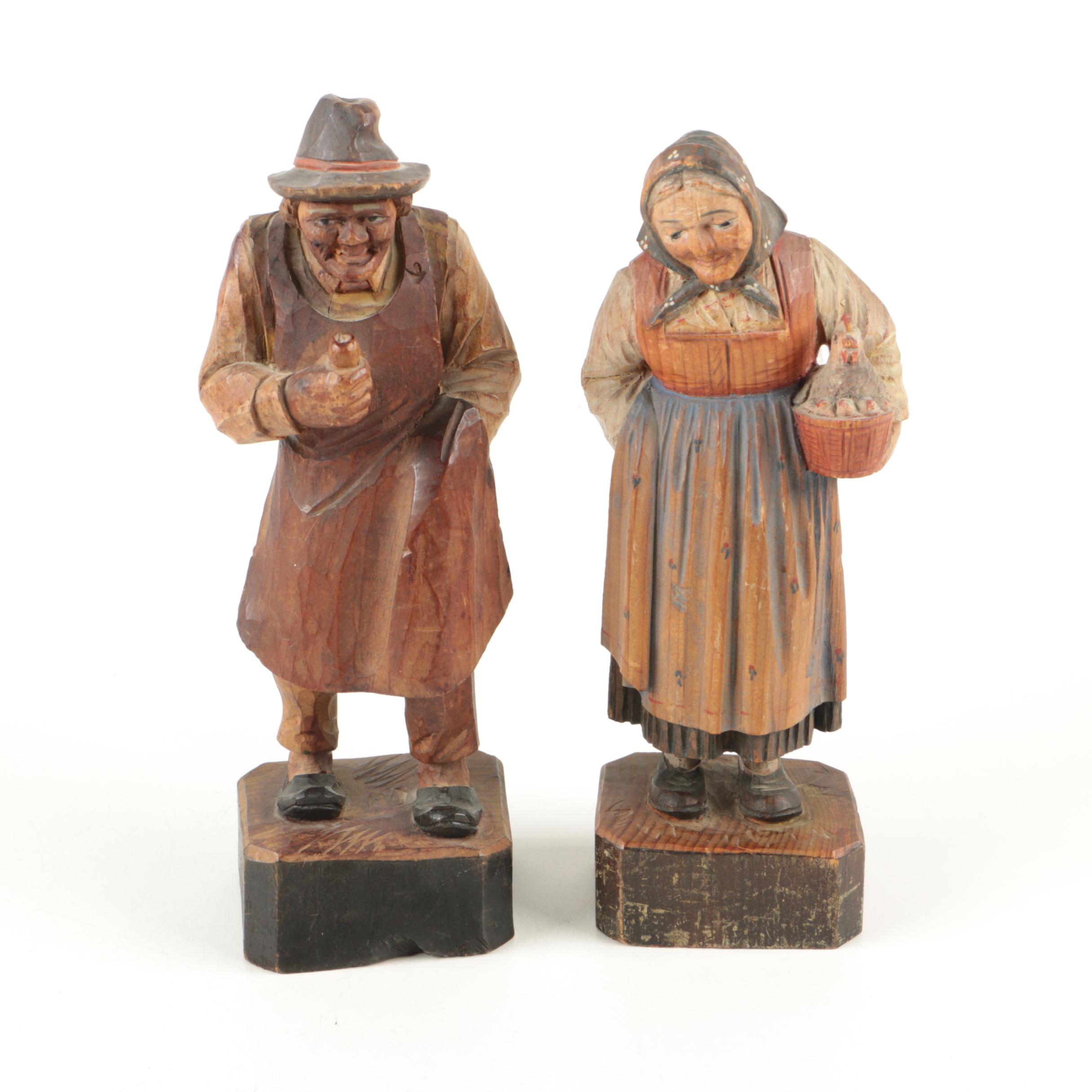 Two Vintage Carved and Painted Wood European Folk Style Figurines