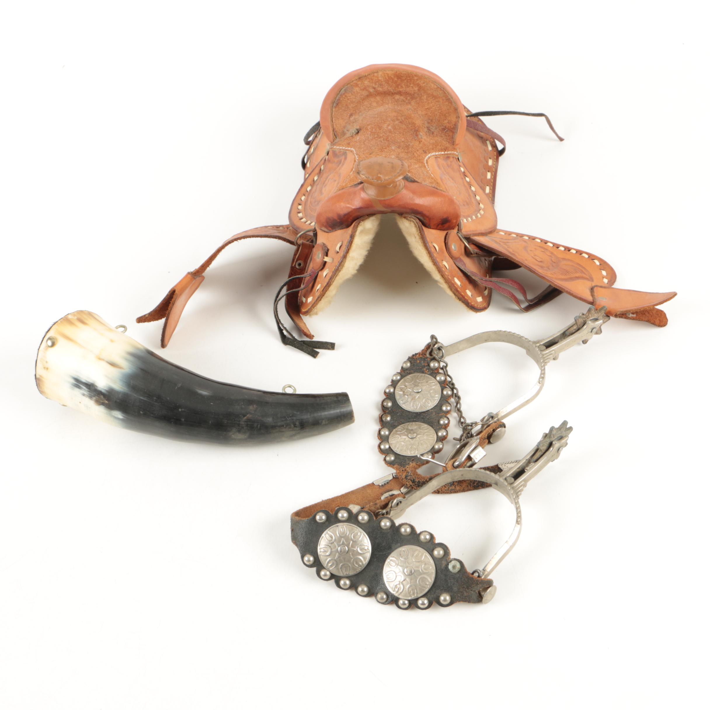 Miniature Tooled Leather Western Saddle, Rowel Spurs and Decorative Powder Horn
