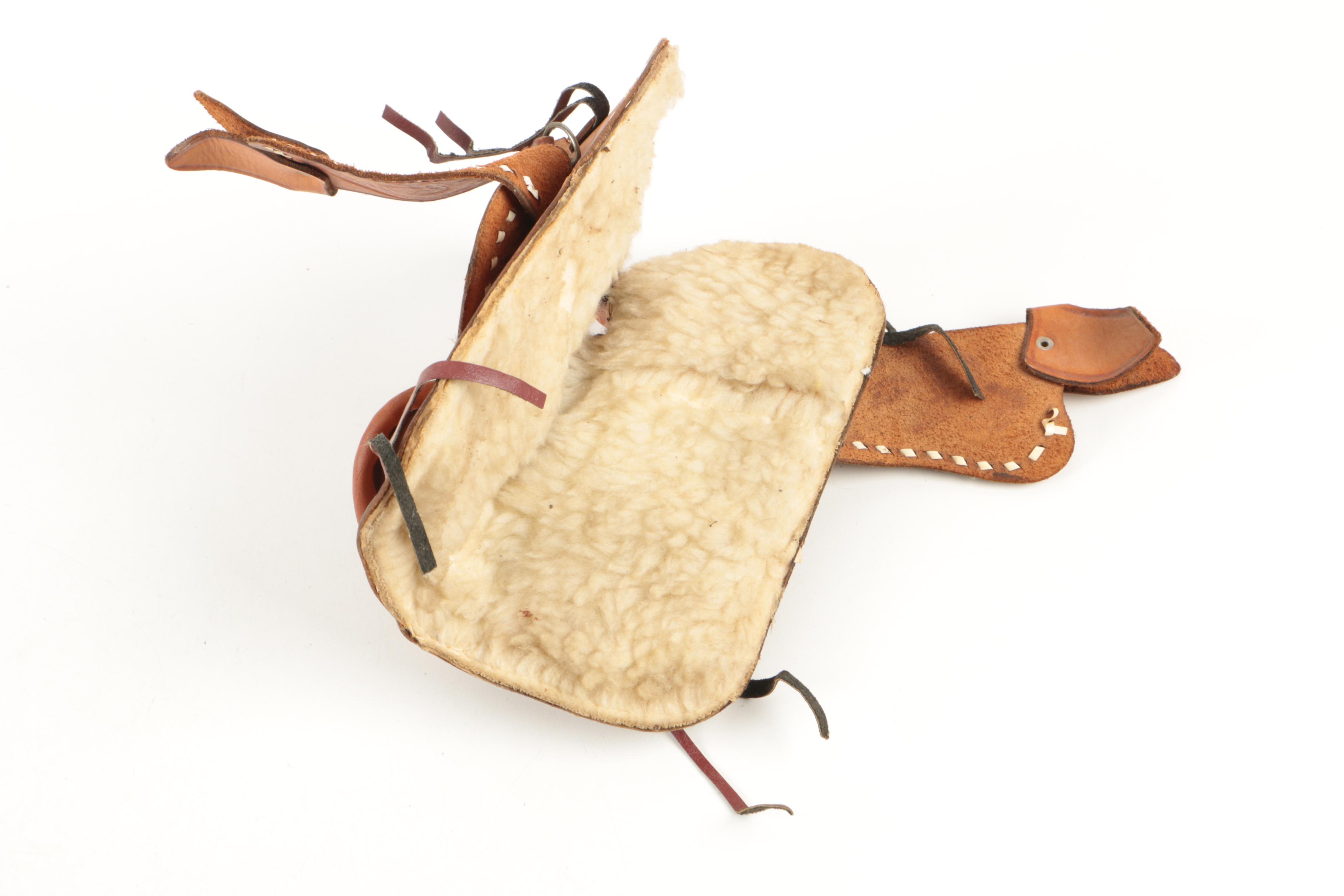 Miniature Tooled Leather Western Saddle, Rowel Spurs and Decorative Powder Horn