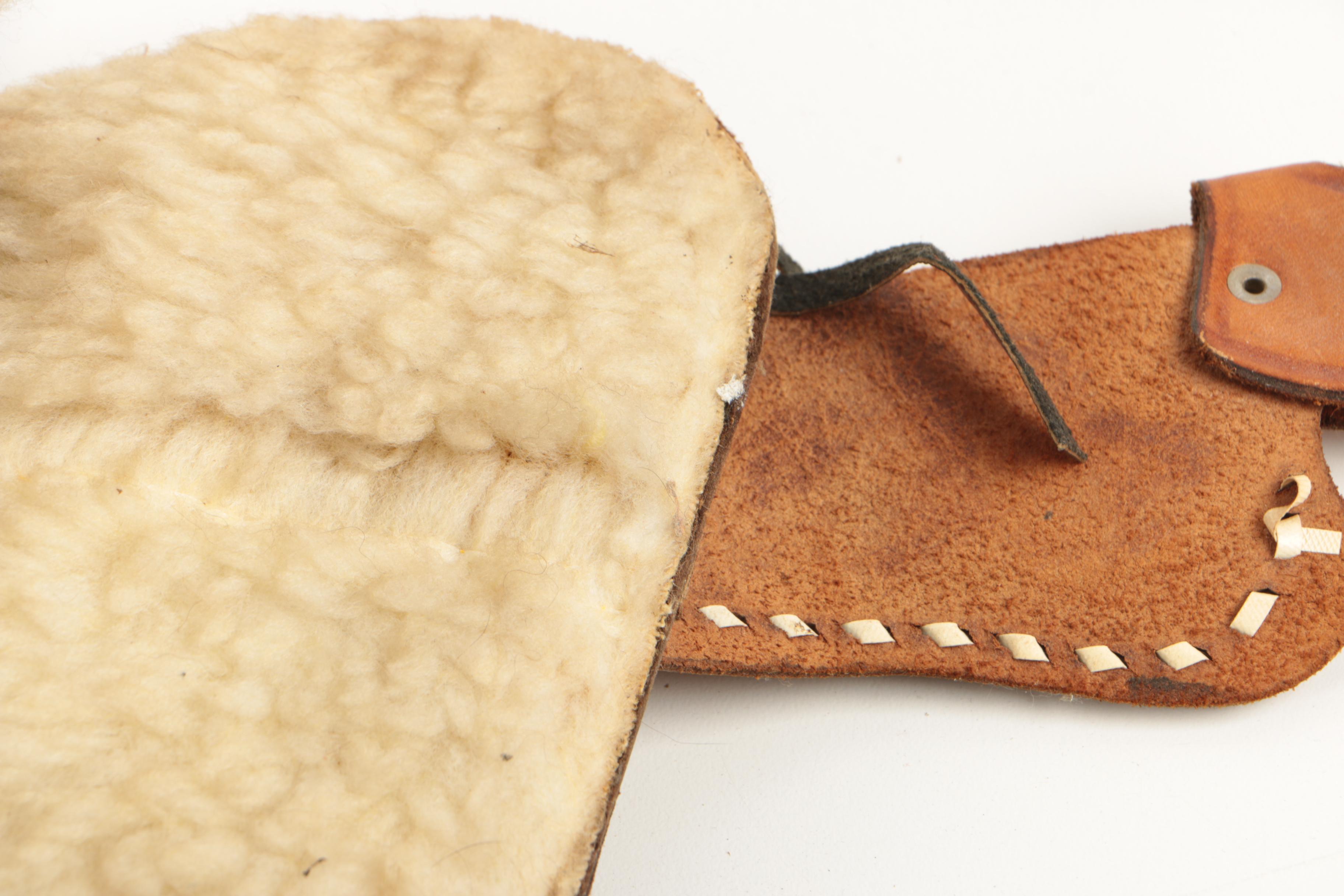 Miniature Tooled Leather Western Saddle, Rowel Spurs and Decorative Powder Horn