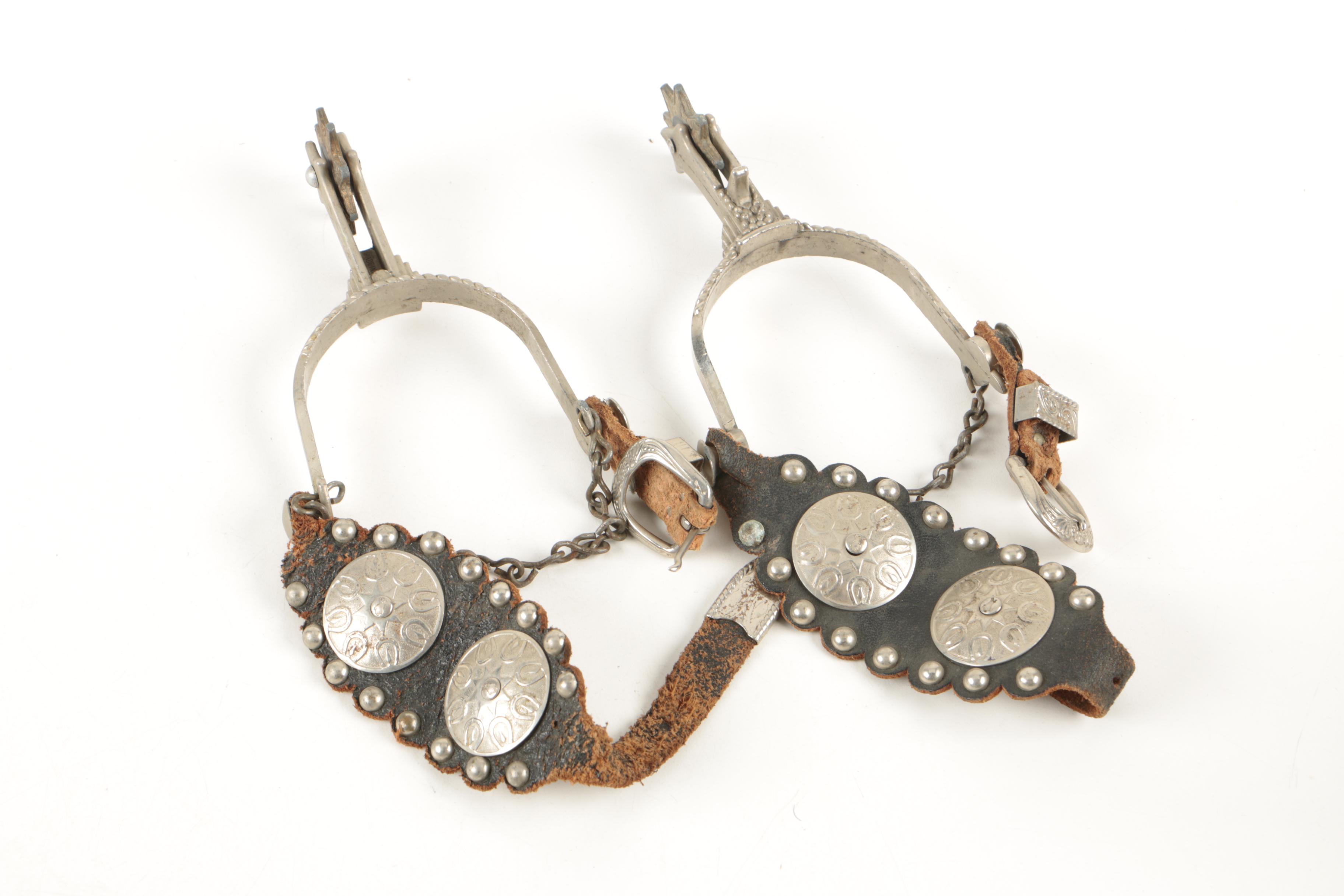 Miniature Tooled Leather Western Saddle, Rowel Spurs and Decorative Powder Horn