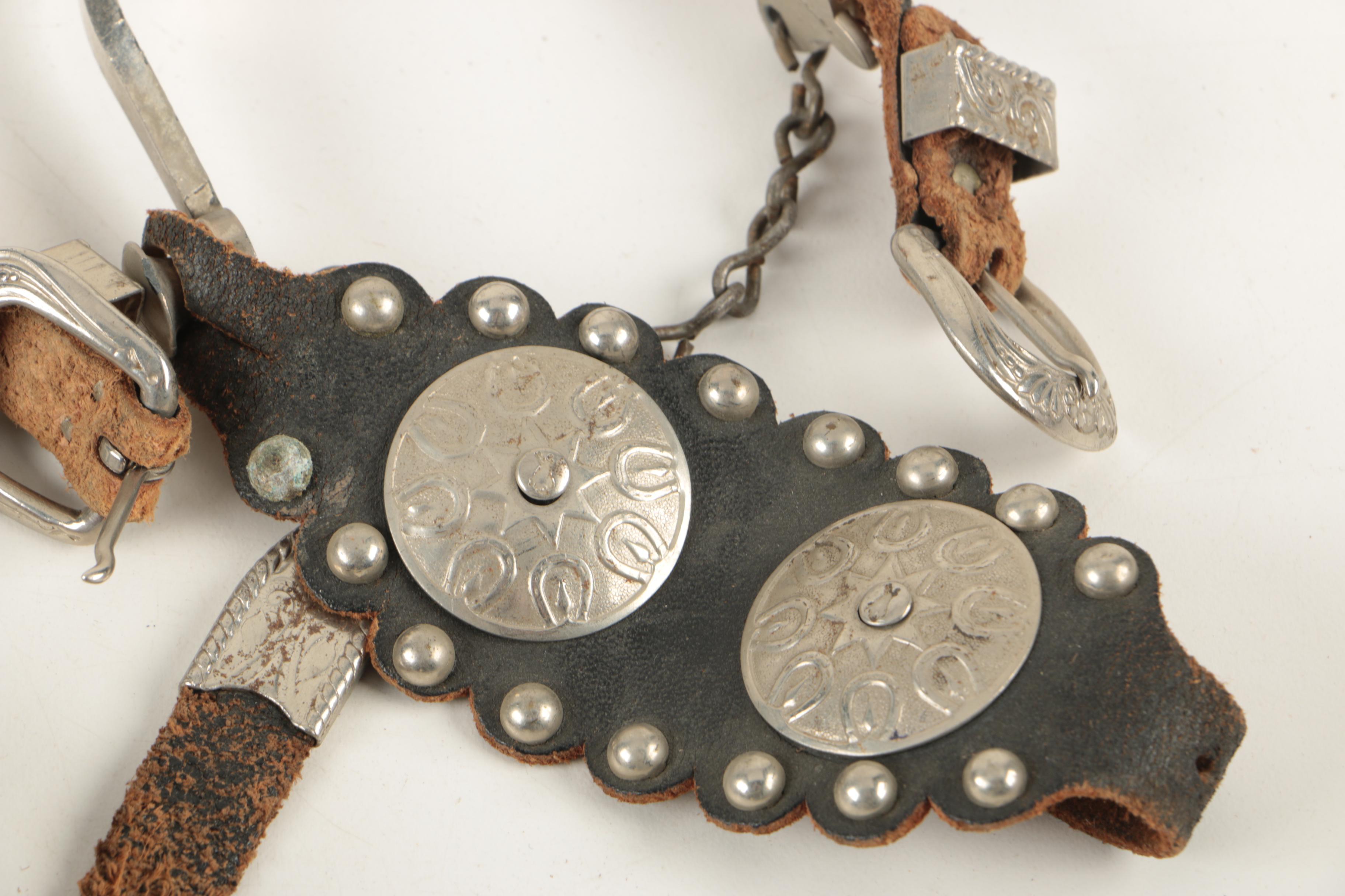 Miniature Tooled Leather Western Saddle, Rowel Spurs and Decorative Powder Horn