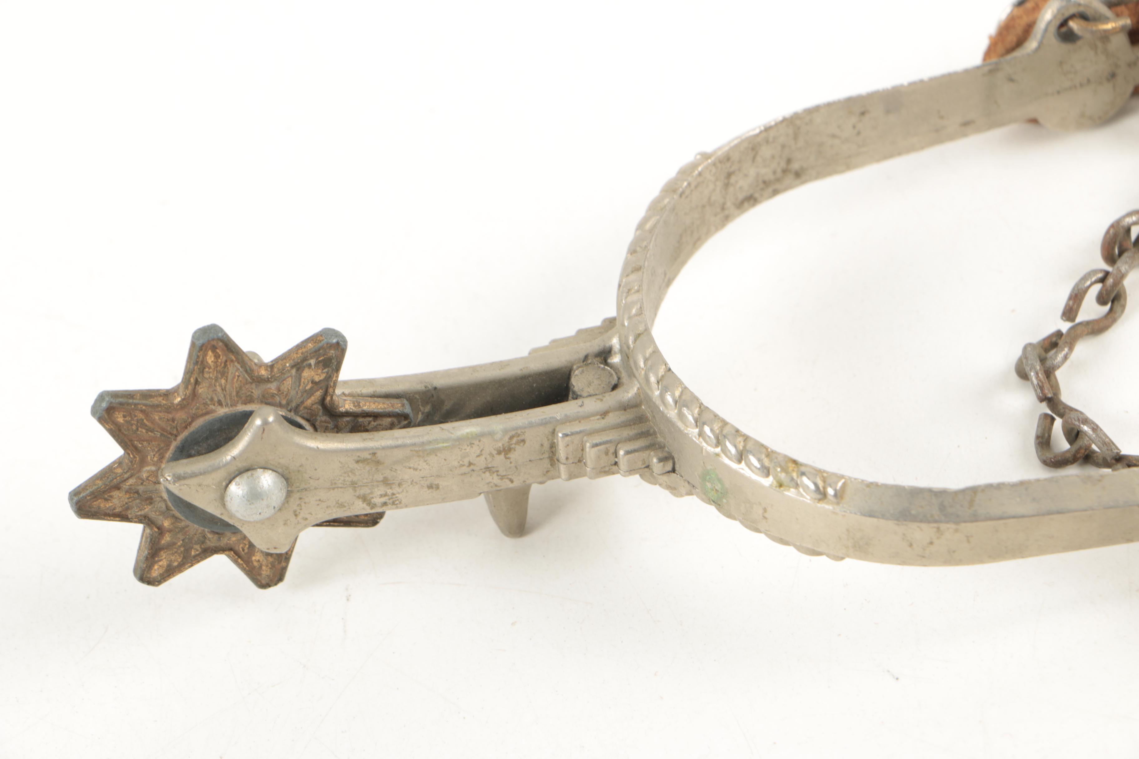 Miniature Tooled Leather Western Saddle, Rowel Spurs and Decorative Powder Horn