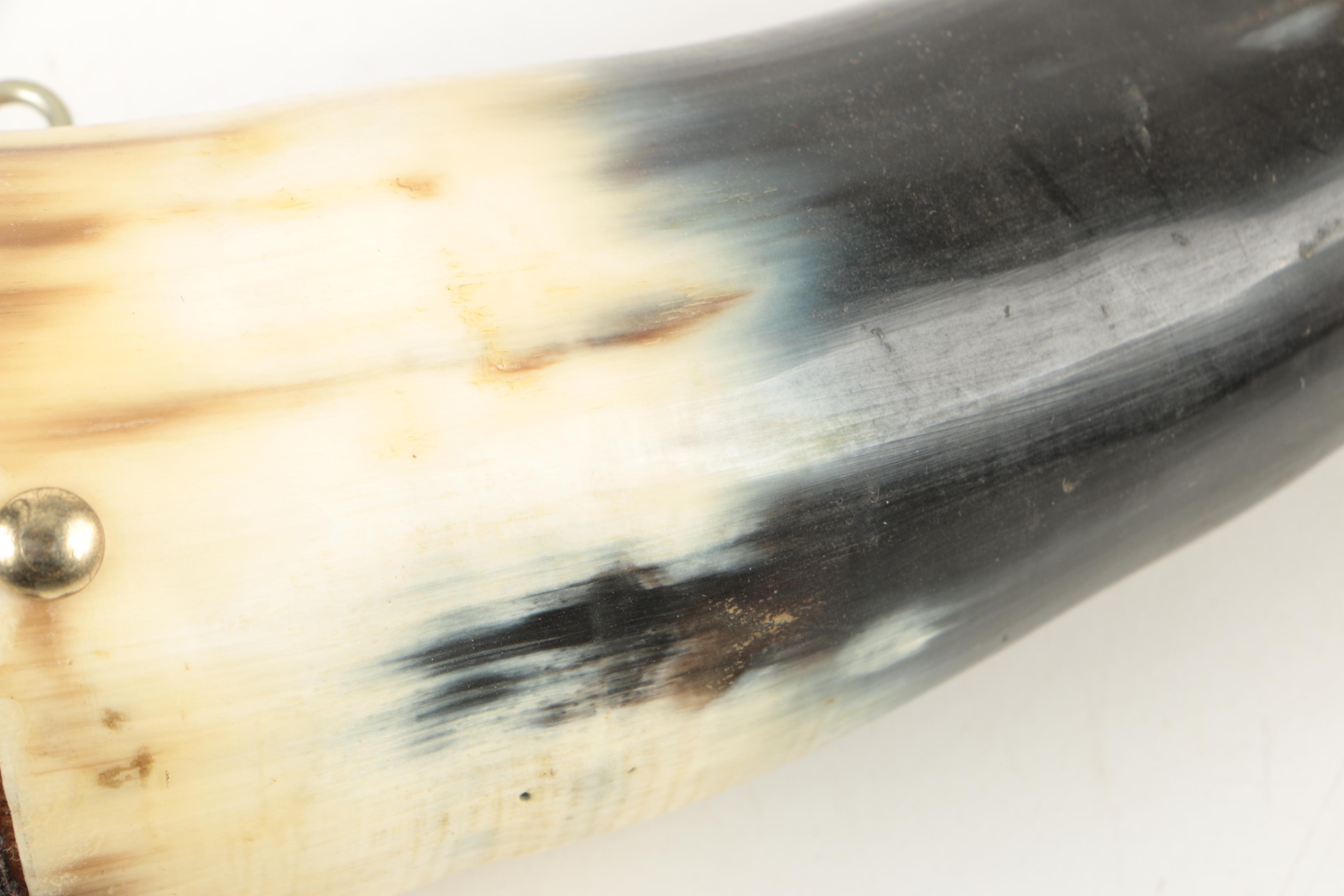 Miniature Tooled Leather Western Saddle, Rowel Spurs and Decorative Powder Horn