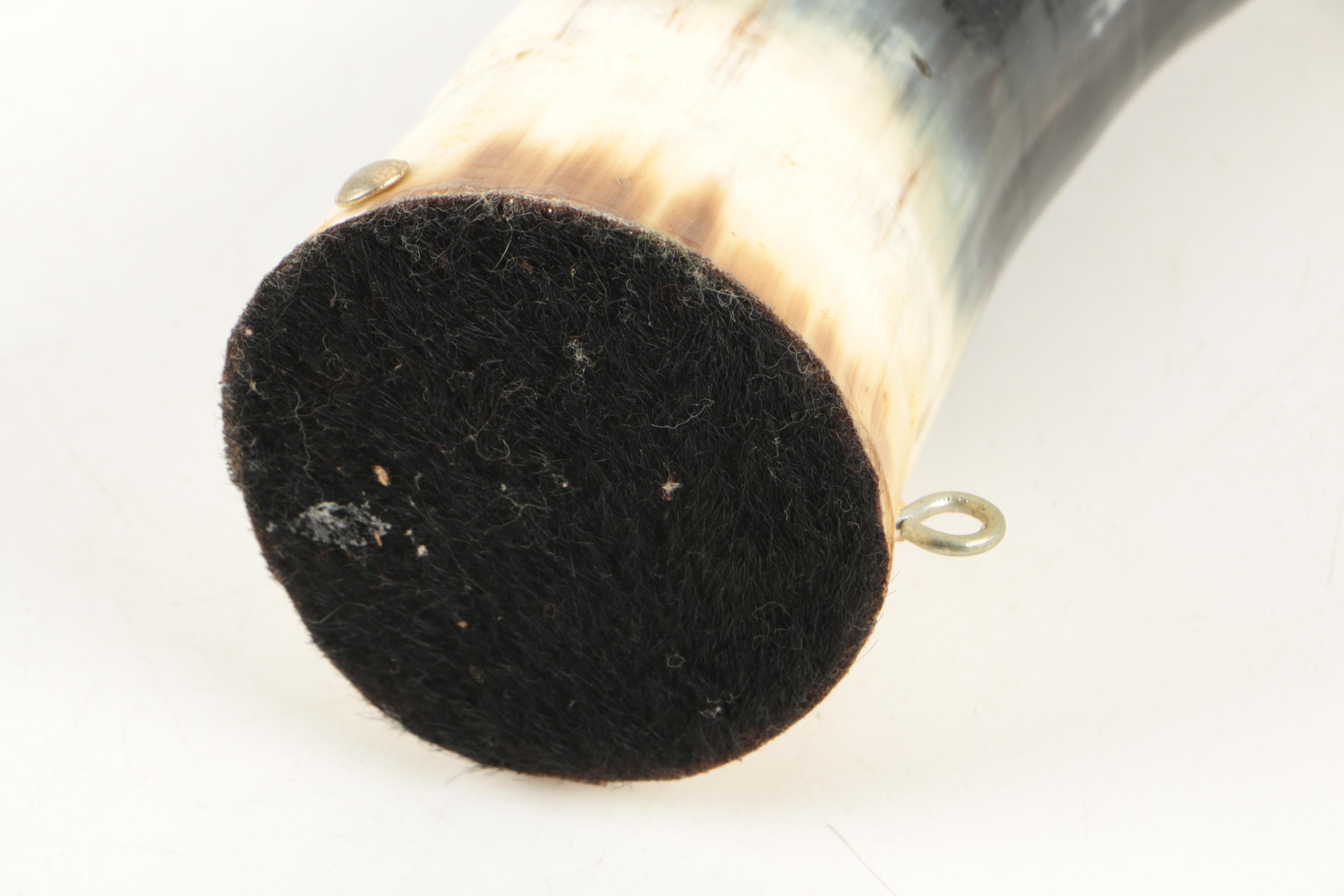 Miniature Tooled Leather Western Saddle, Rowel Spurs and Decorative Powder Horn