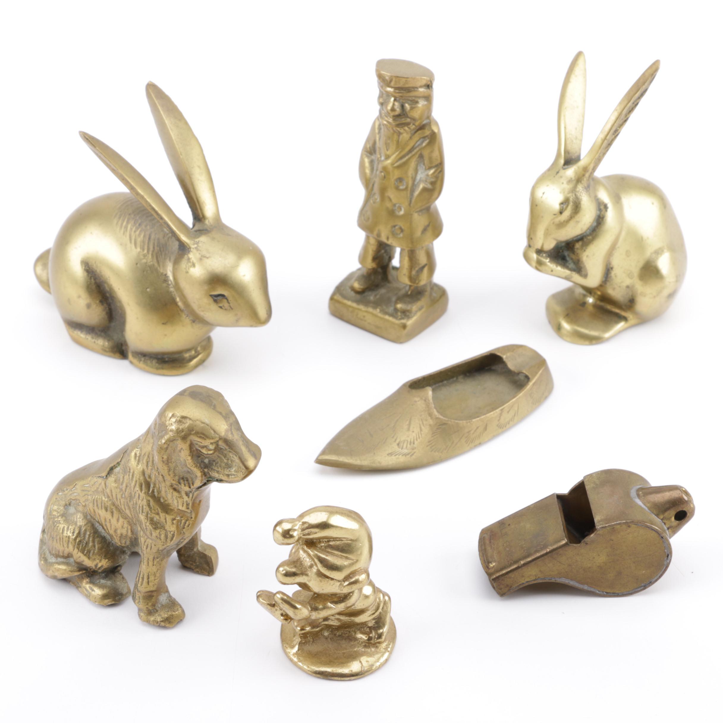 Vintage Brass Figurines Including a Dog and Rabbits