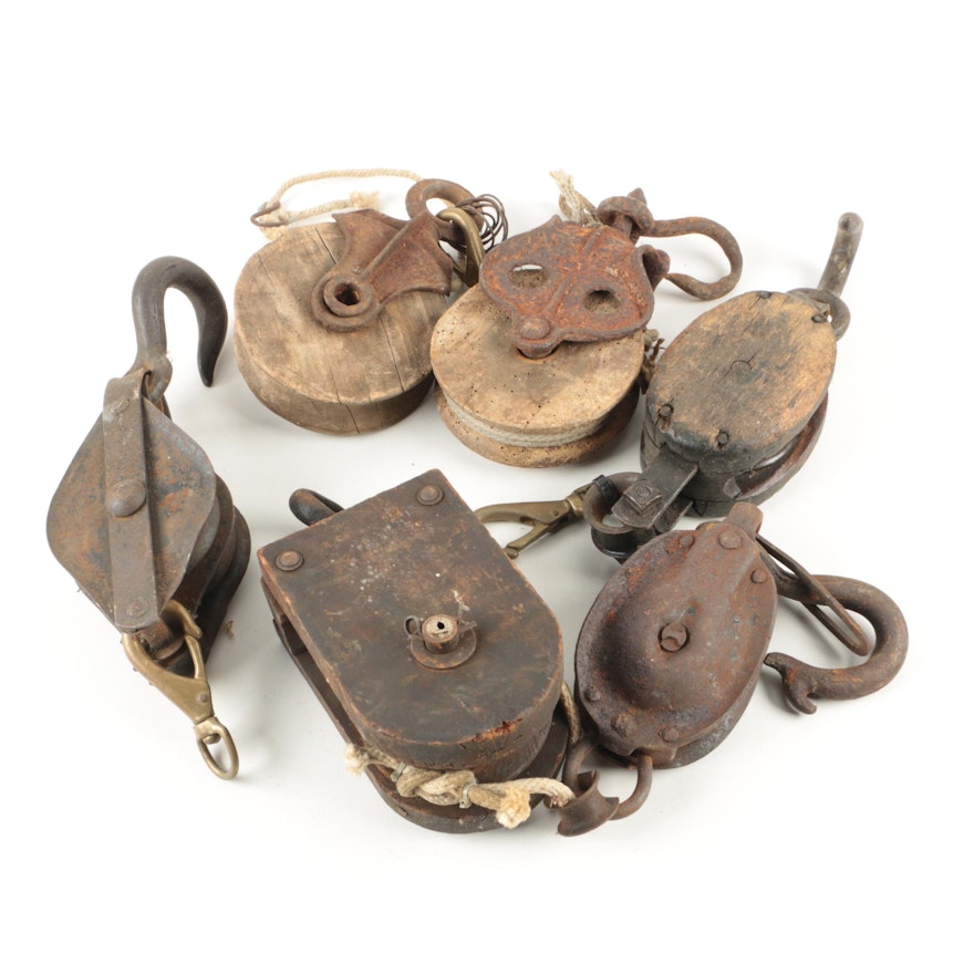 Collection of Six Vintage Pulleys