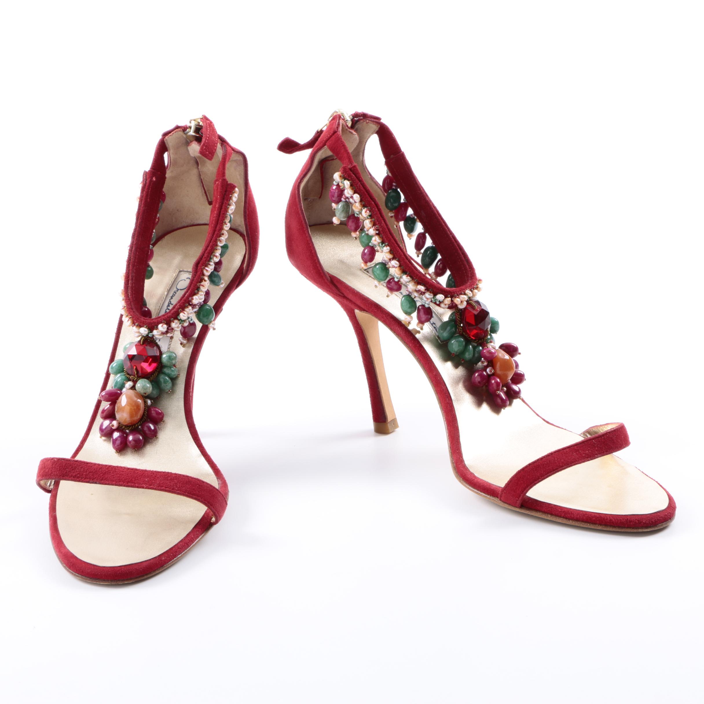 Oscar de la Renta Beaded Suede Stiletto Sandals