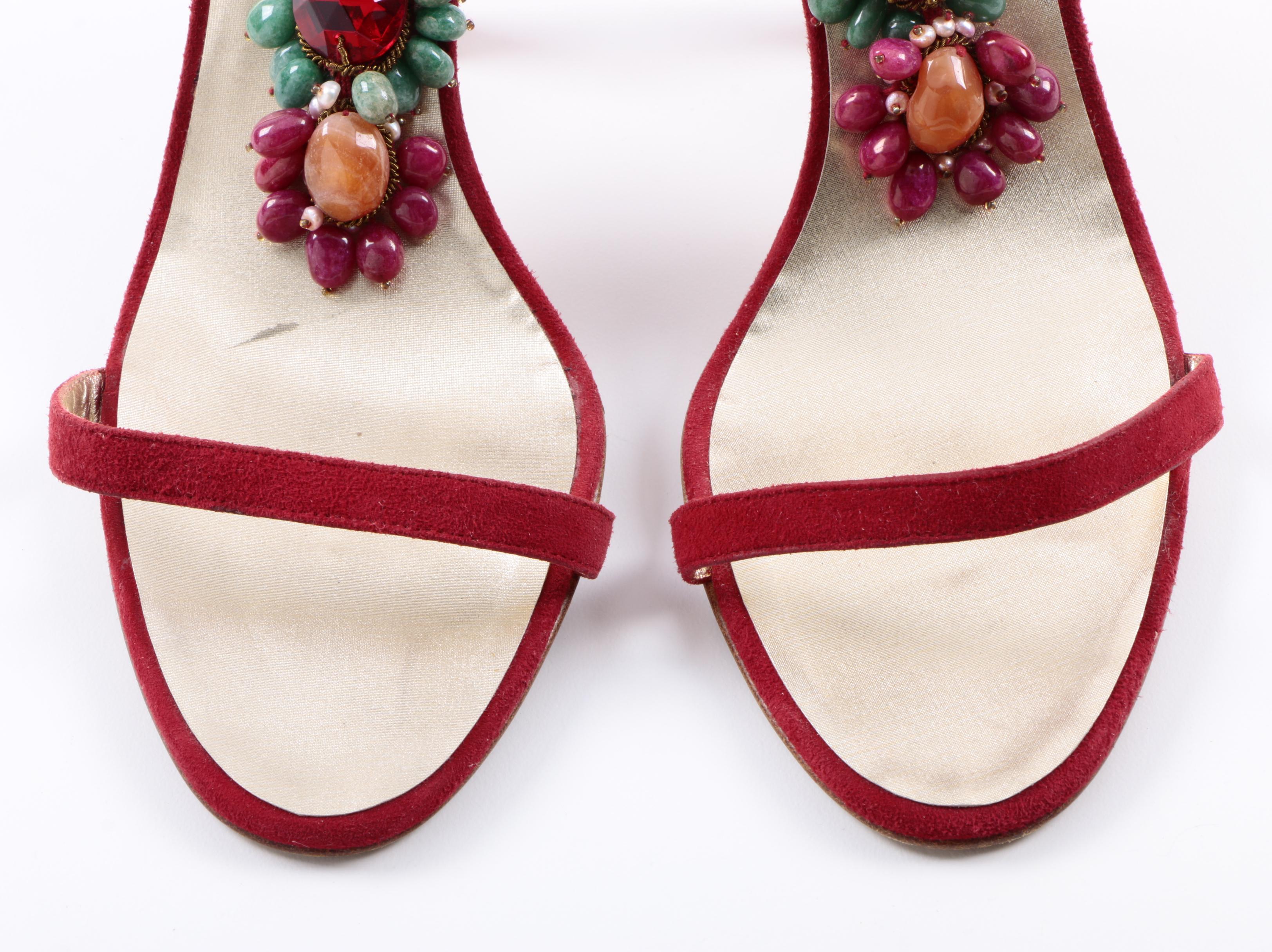 Oscar de la Renta Beaded Suede Stiletto Sandals