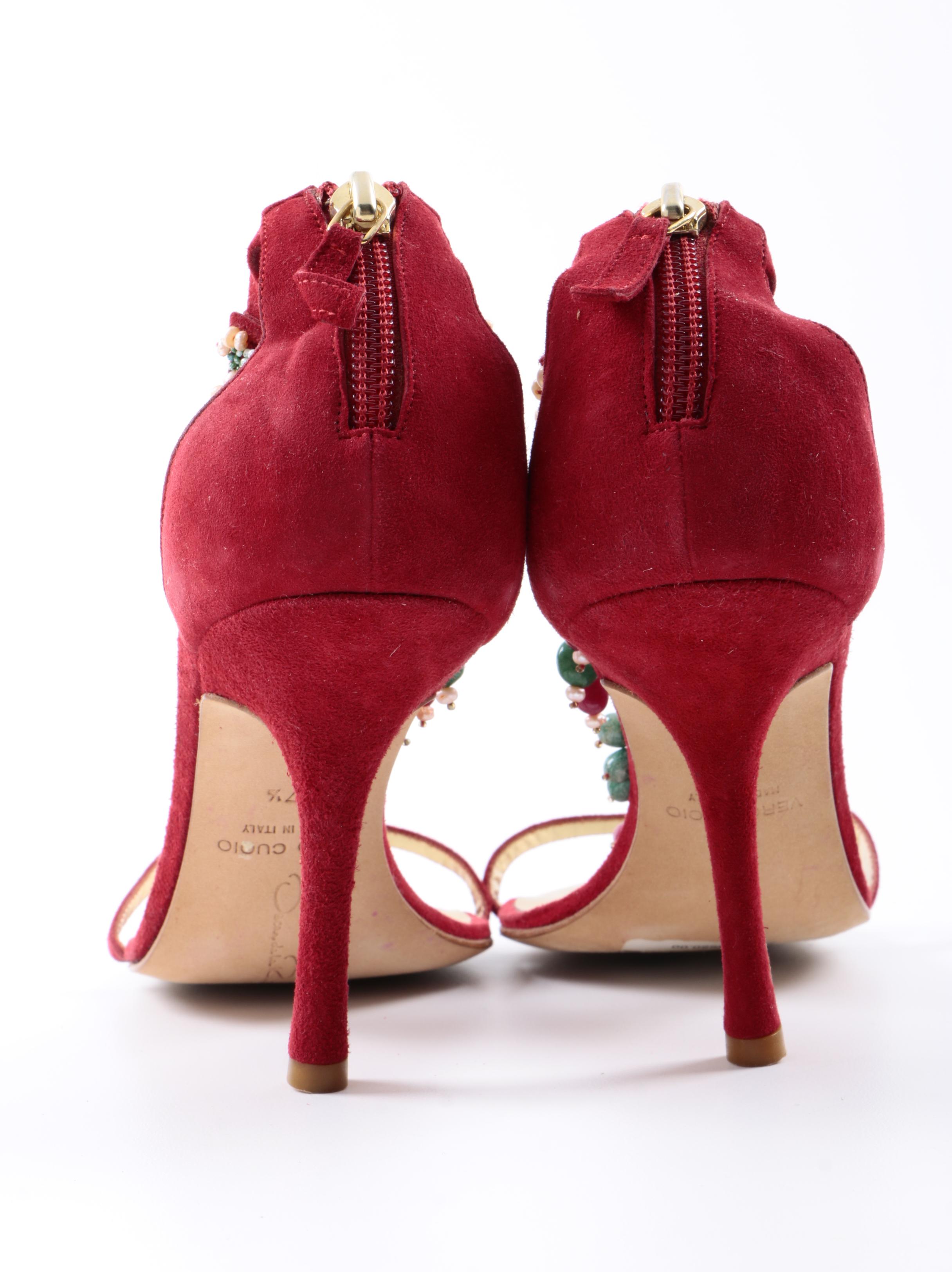 Oscar de la Renta Beaded Suede Stiletto Sandals