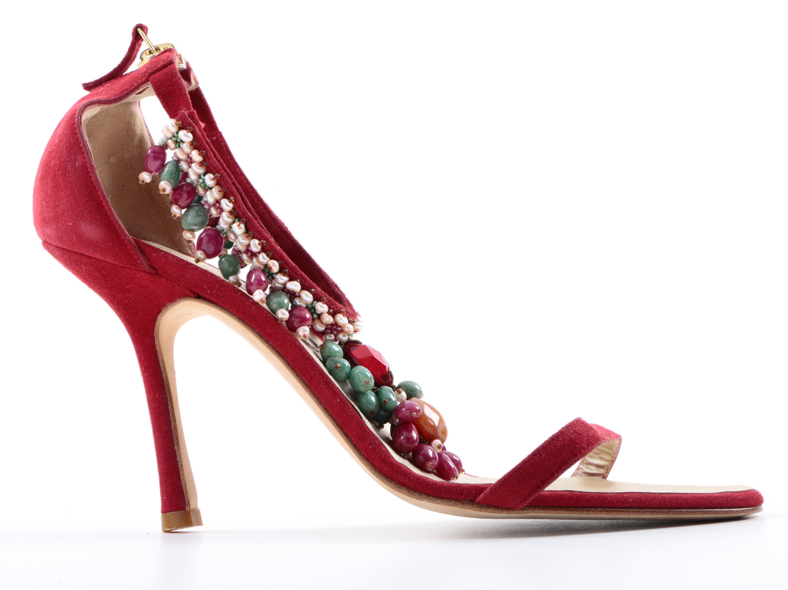Oscar de la Renta Beaded Suede Stiletto Sandals