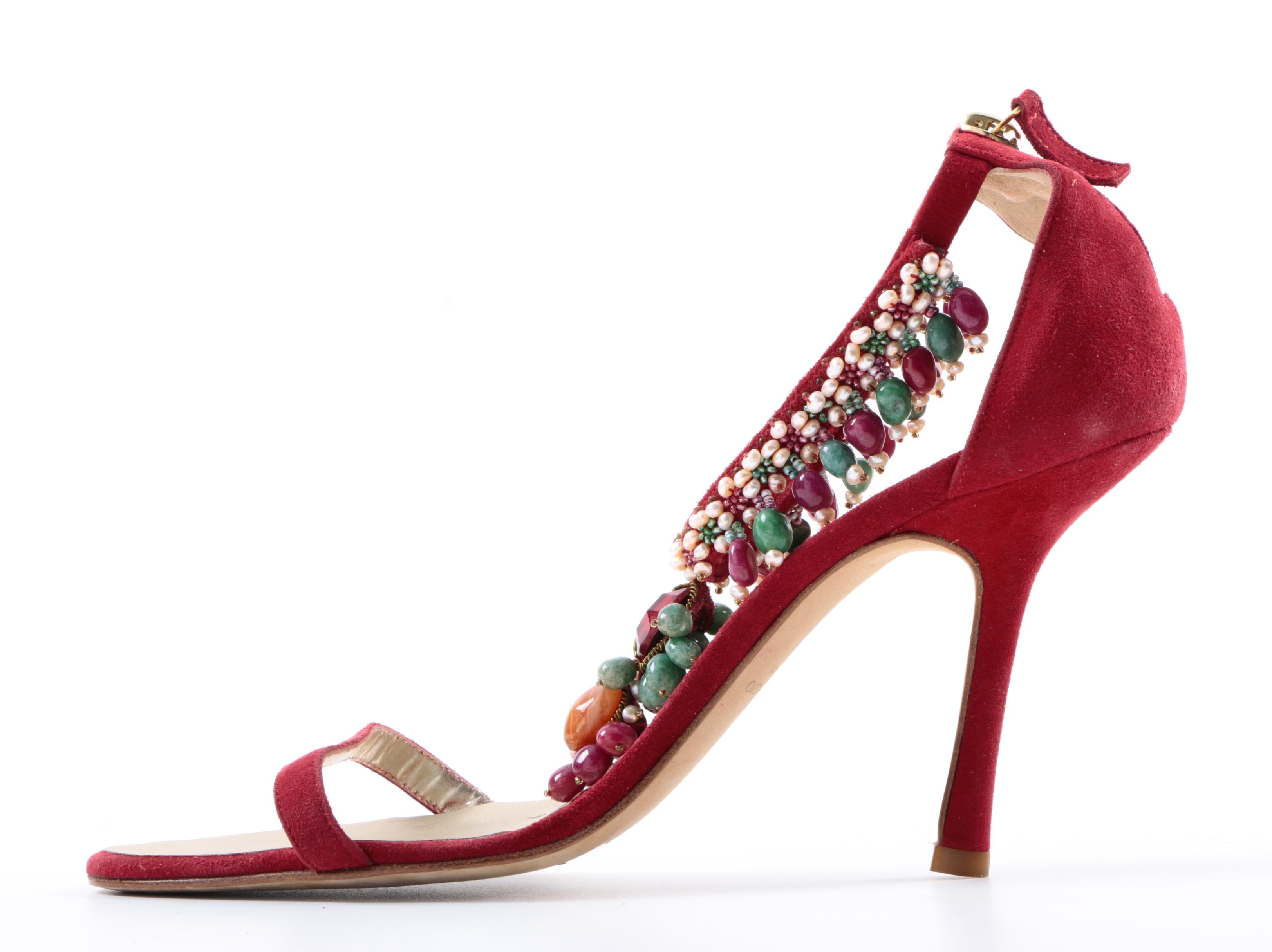 Oscar de la Renta Beaded Suede Stiletto Sandals