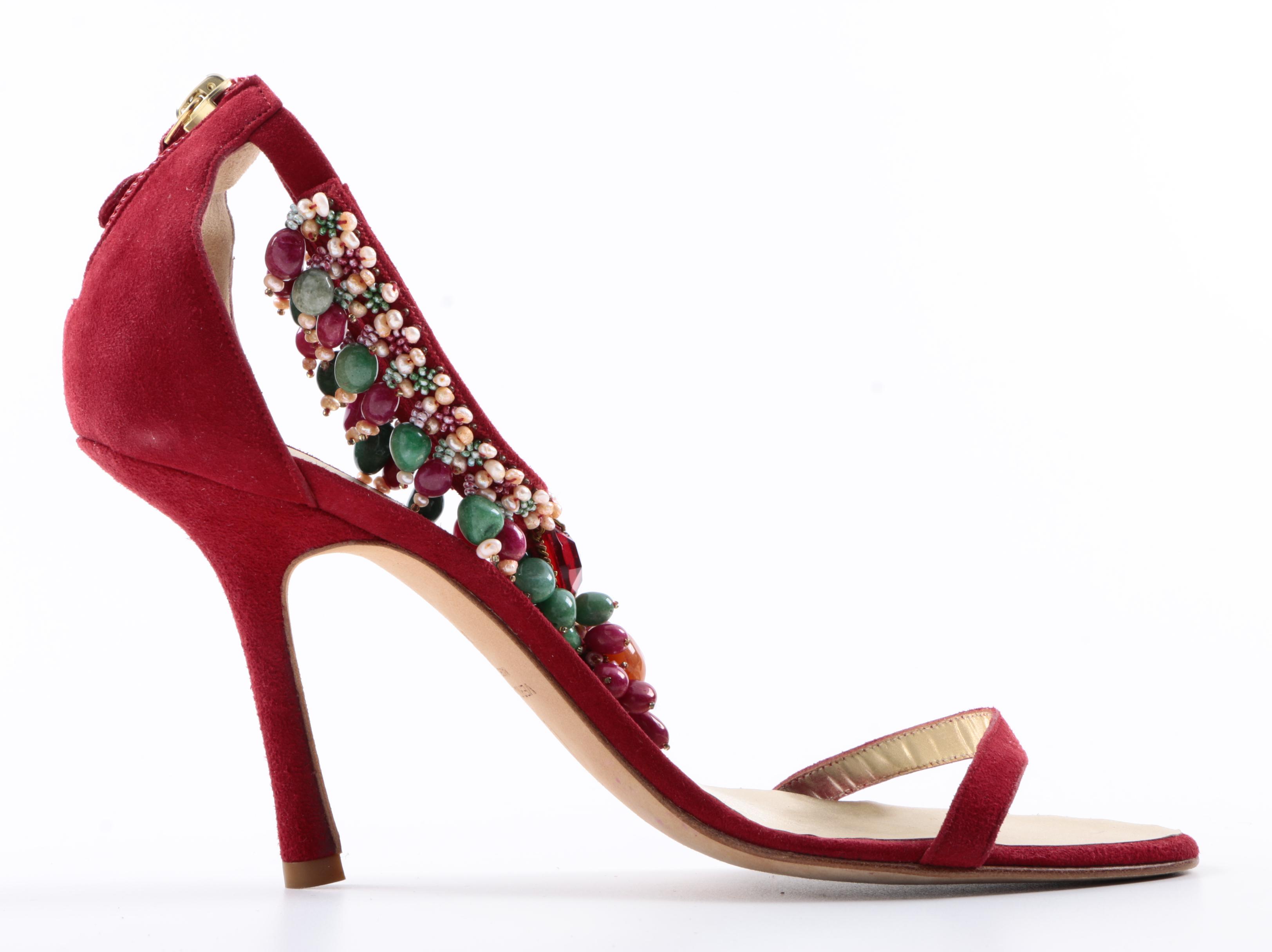 Oscar de la Renta Beaded Suede Stiletto Sandals