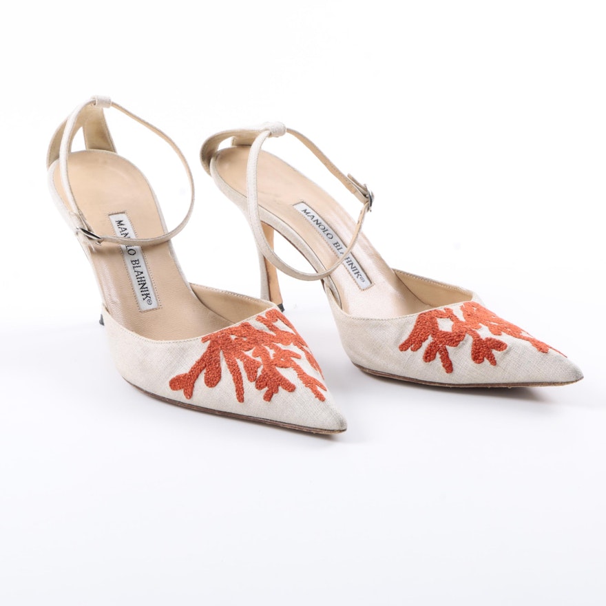 Manolo Blahnik Coral Embroidered Ankle Strap Heels