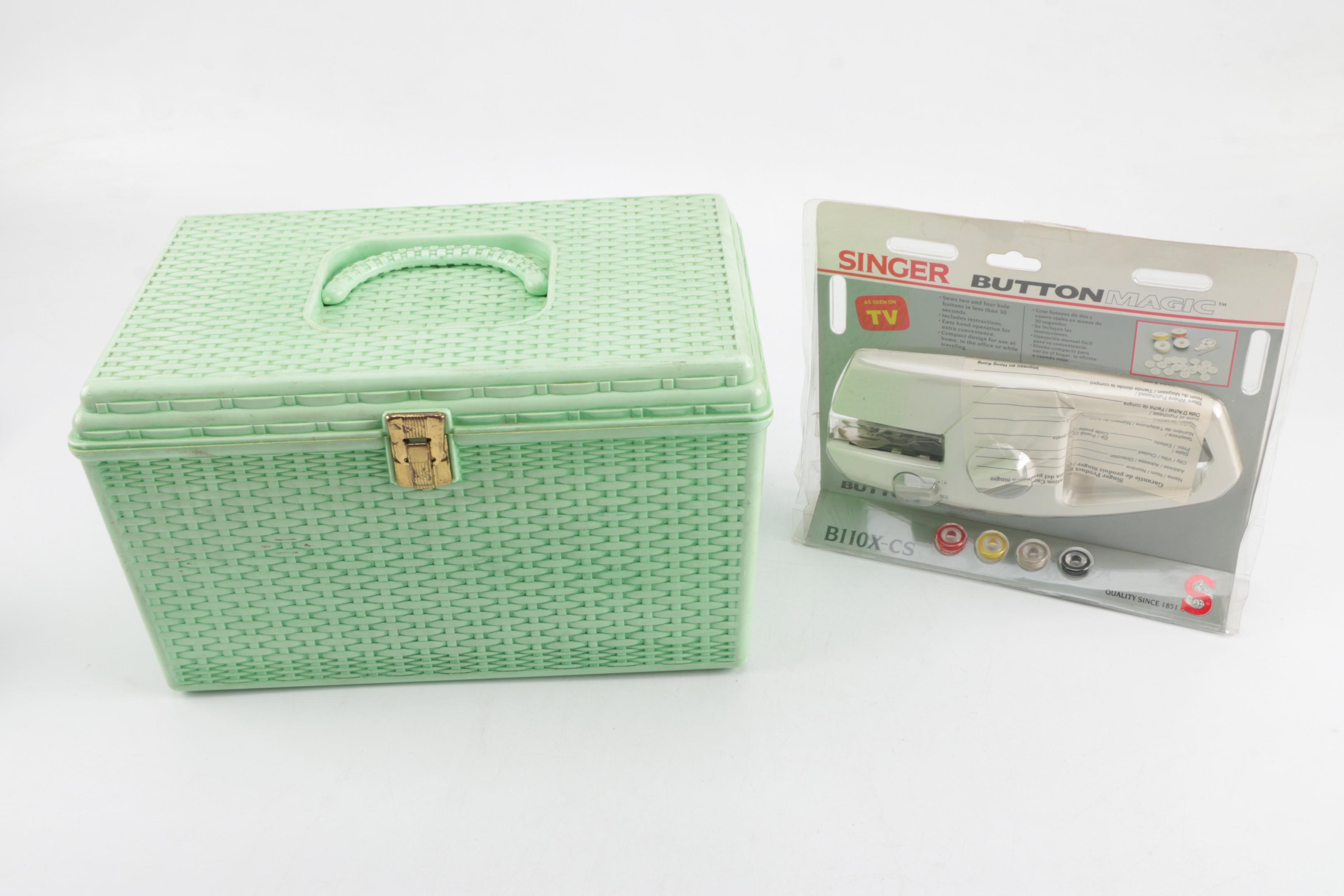 Vintage Sewing Box with Supplies and a Singer Button Magic