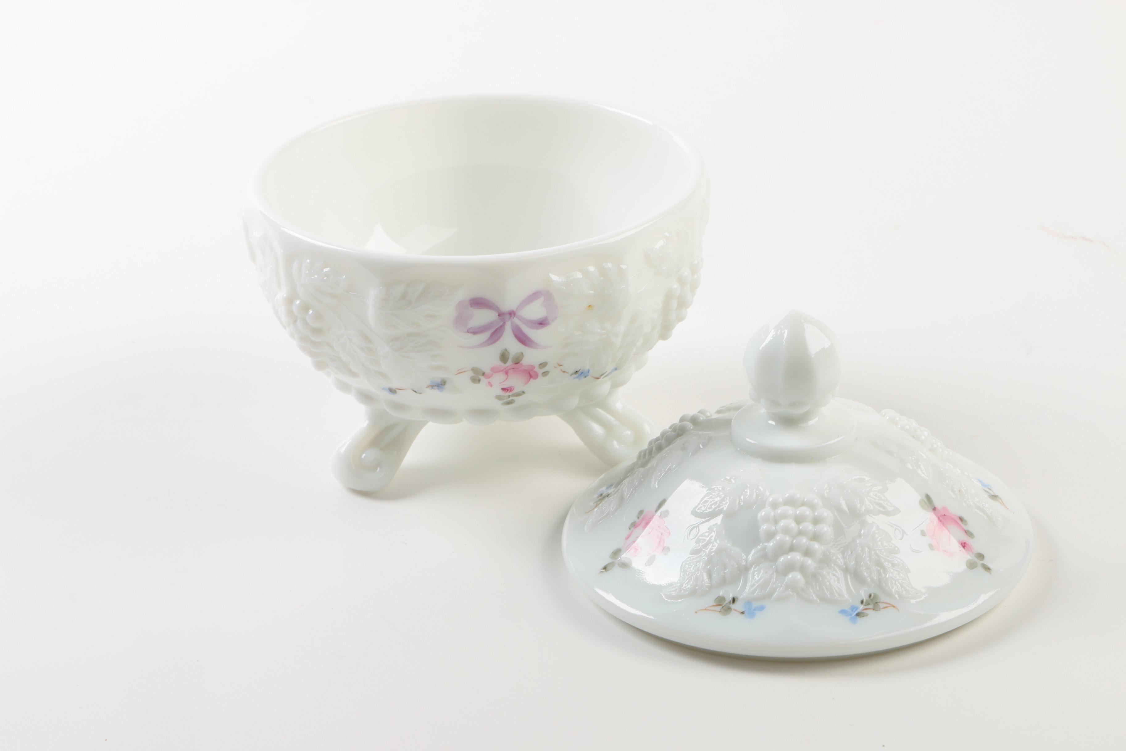 Westmoreland Hand Painted _Roses & Bows_ Milk Glass Decor