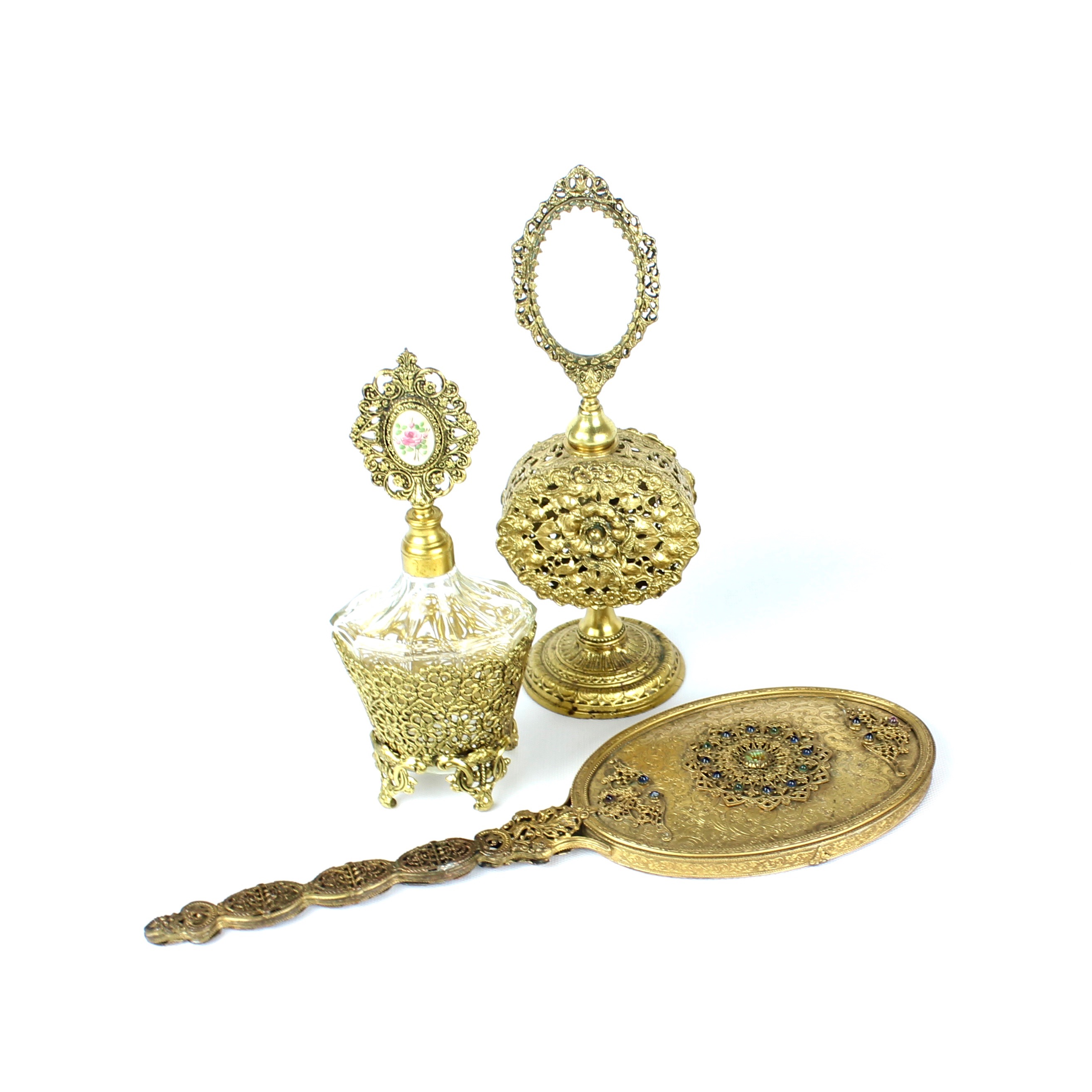 Vintage Ormolu Perfume Bottles With Antique Hand Mirror