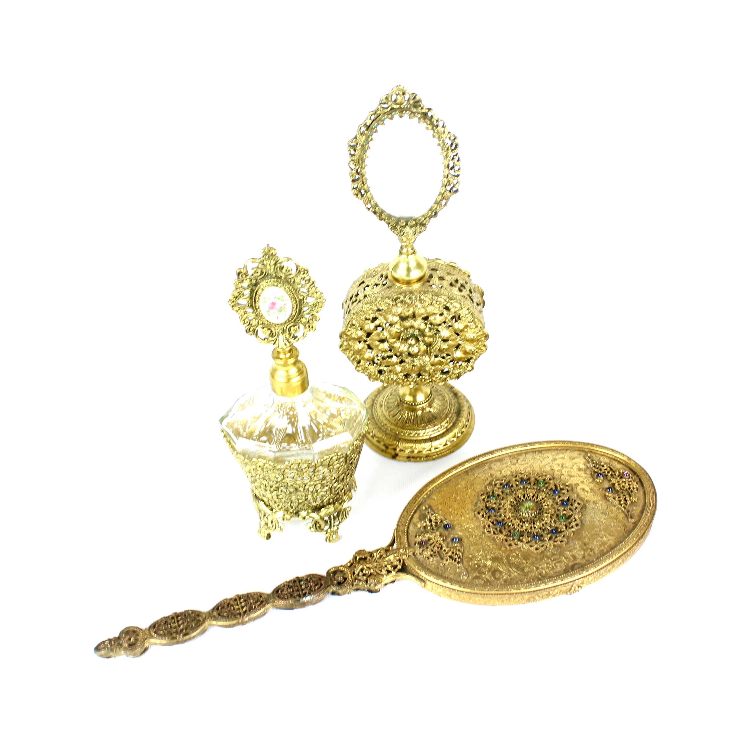 Vintage Ormolu Perfume Bottles With Antique Hand Mirror