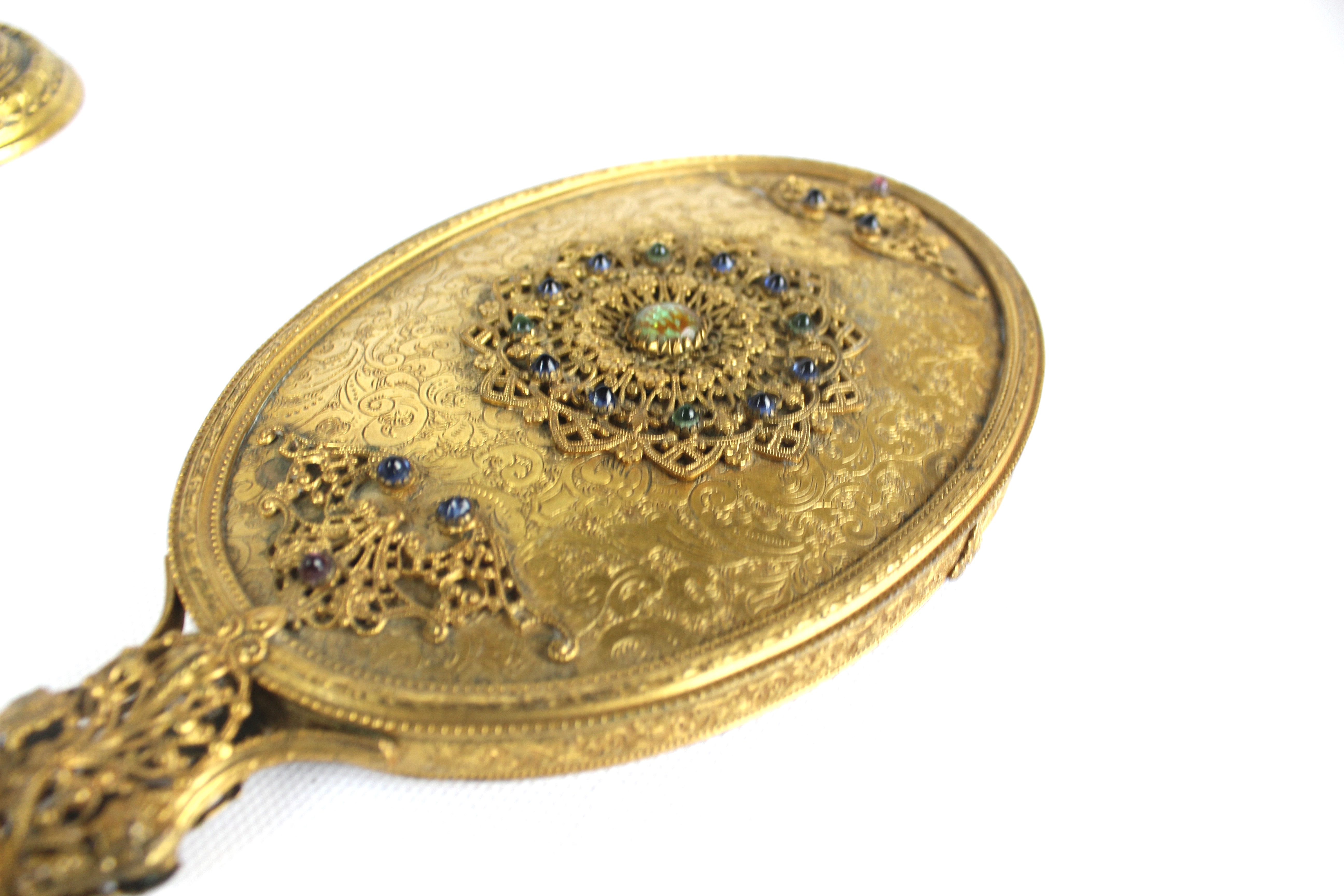 Vintage Ormolu Perfume Bottles With Antique Hand Mirror