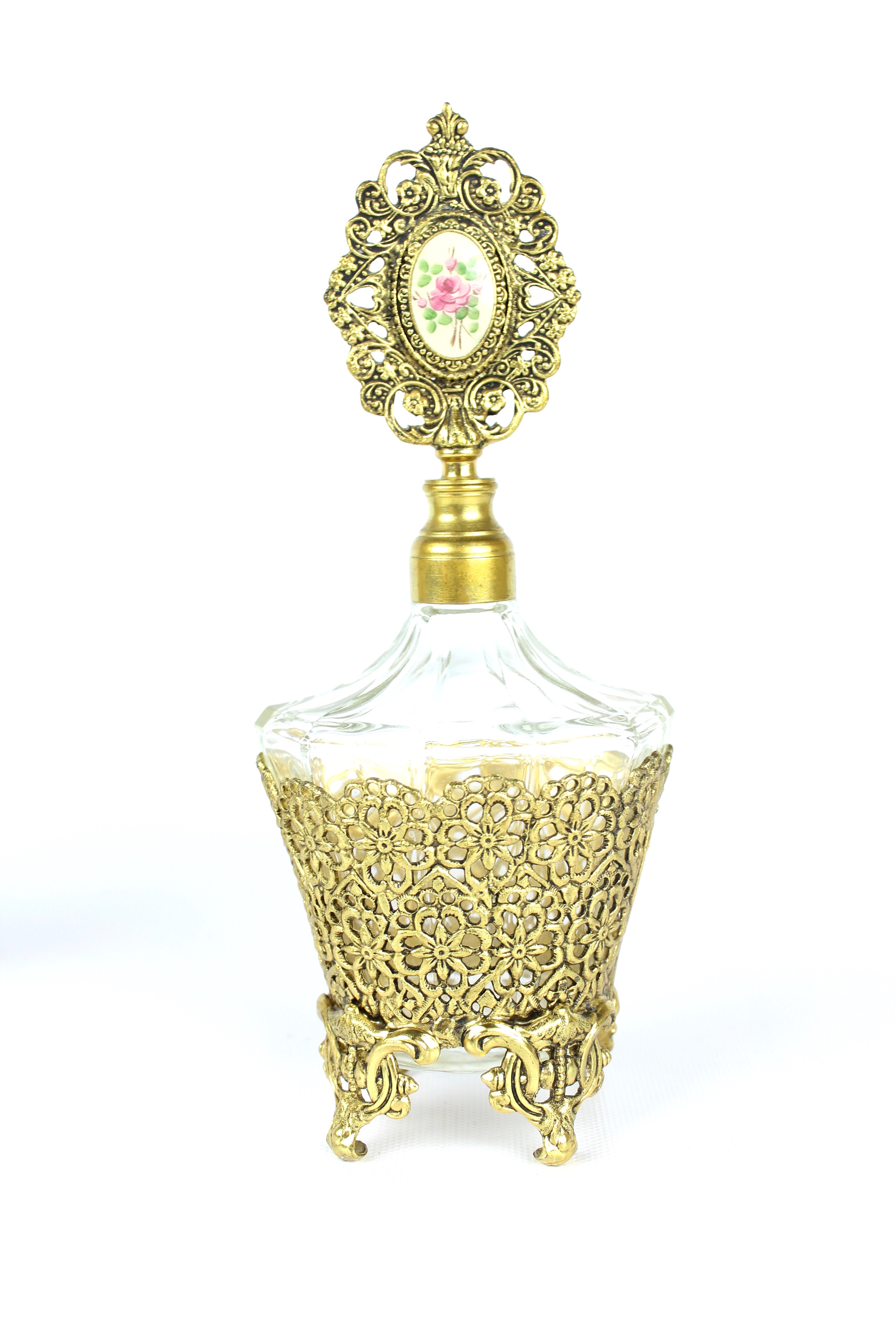 Vintage Ormolu Perfume Bottles With Antique Hand Mirror