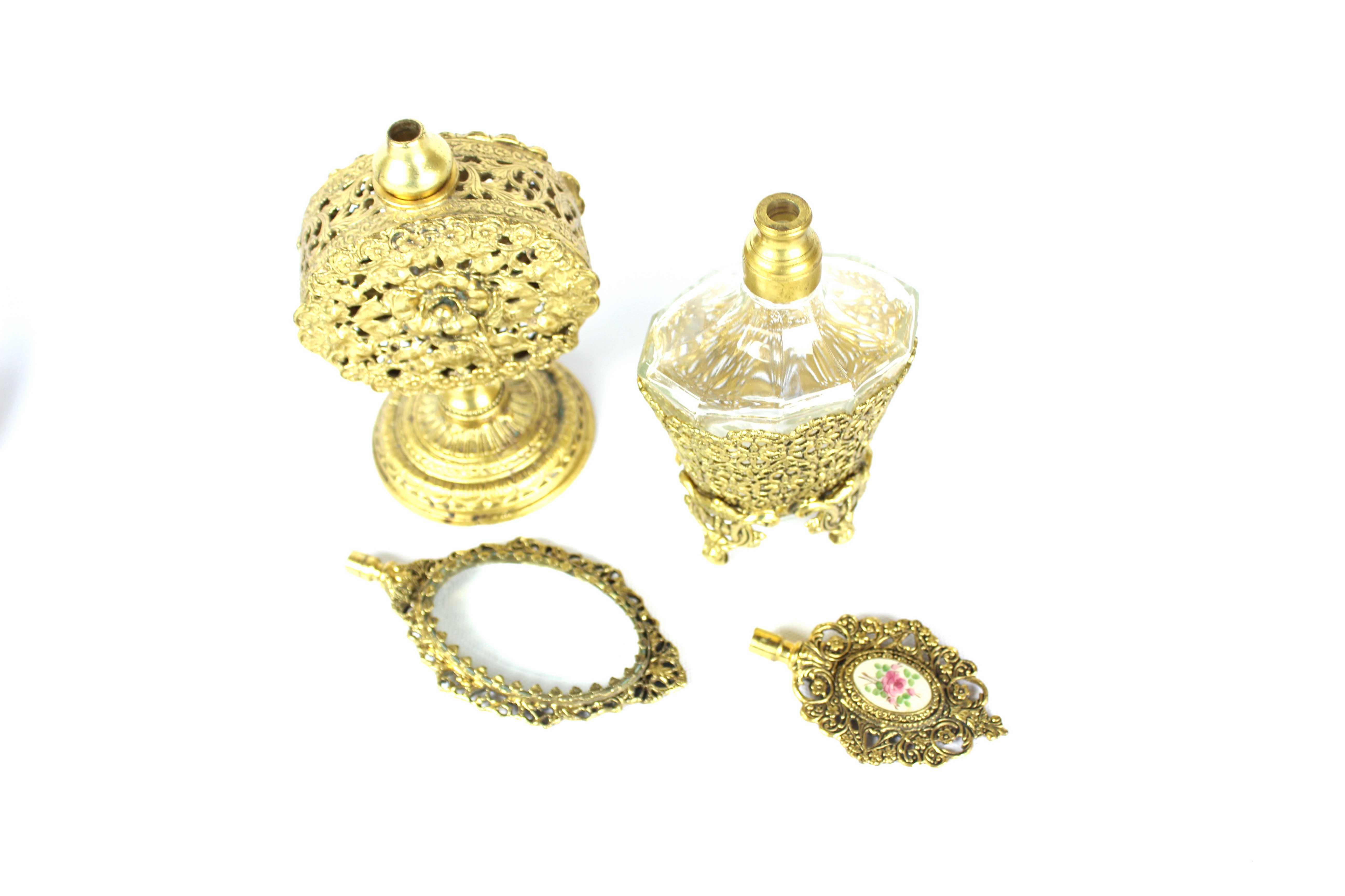 Vintage Ormolu Perfume Bottles With Antique Hand Mirror