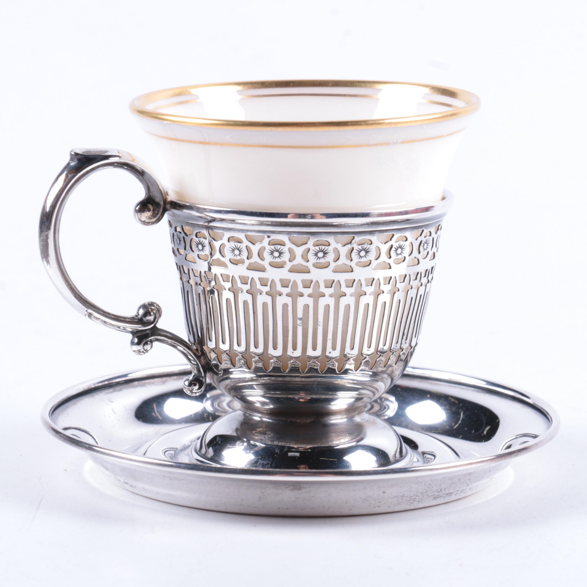 Watson Sterling Silver Demitasse Cups and Saucers with Lenox Porcelain Liners