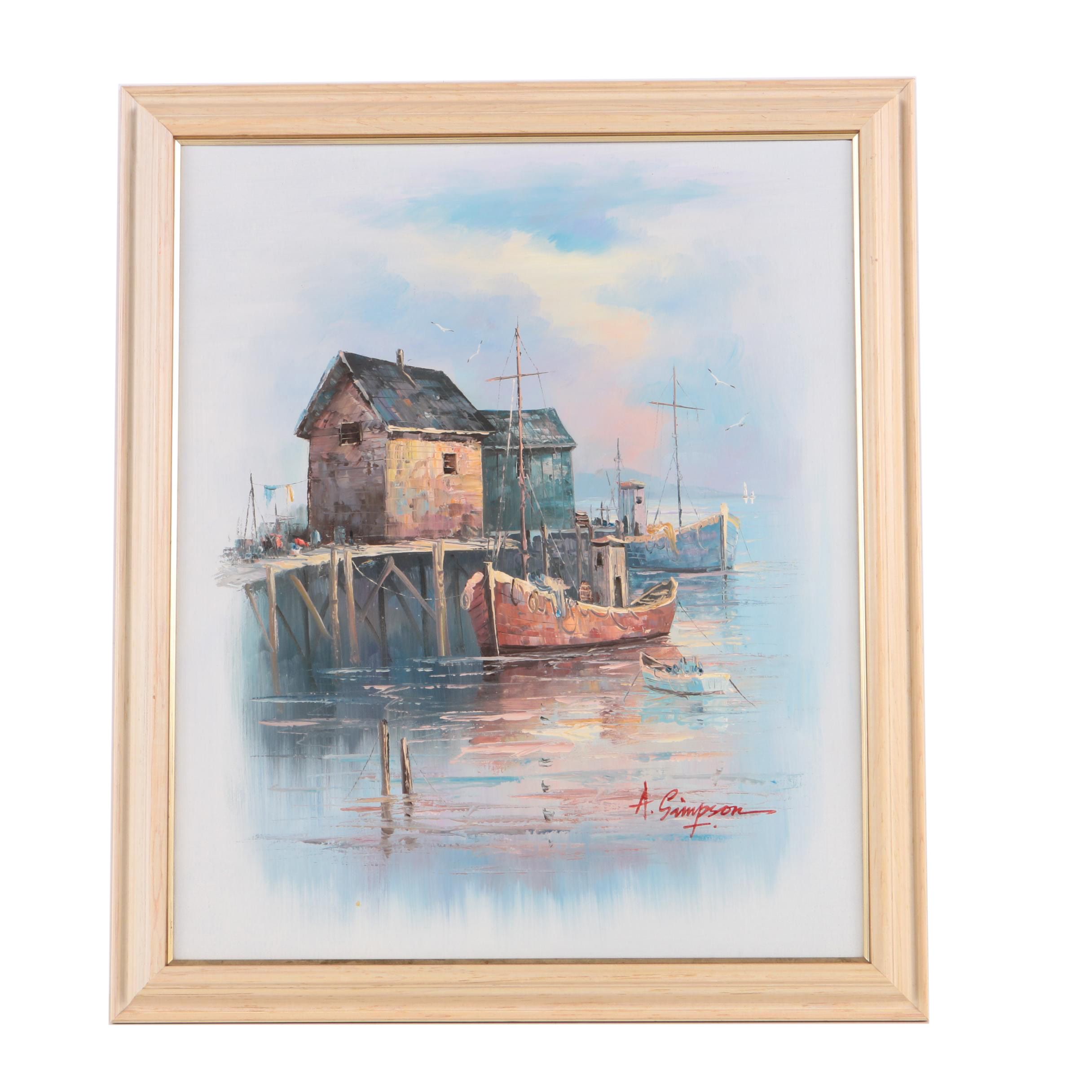 A. Simpson Oil Painting of Harbor Scene