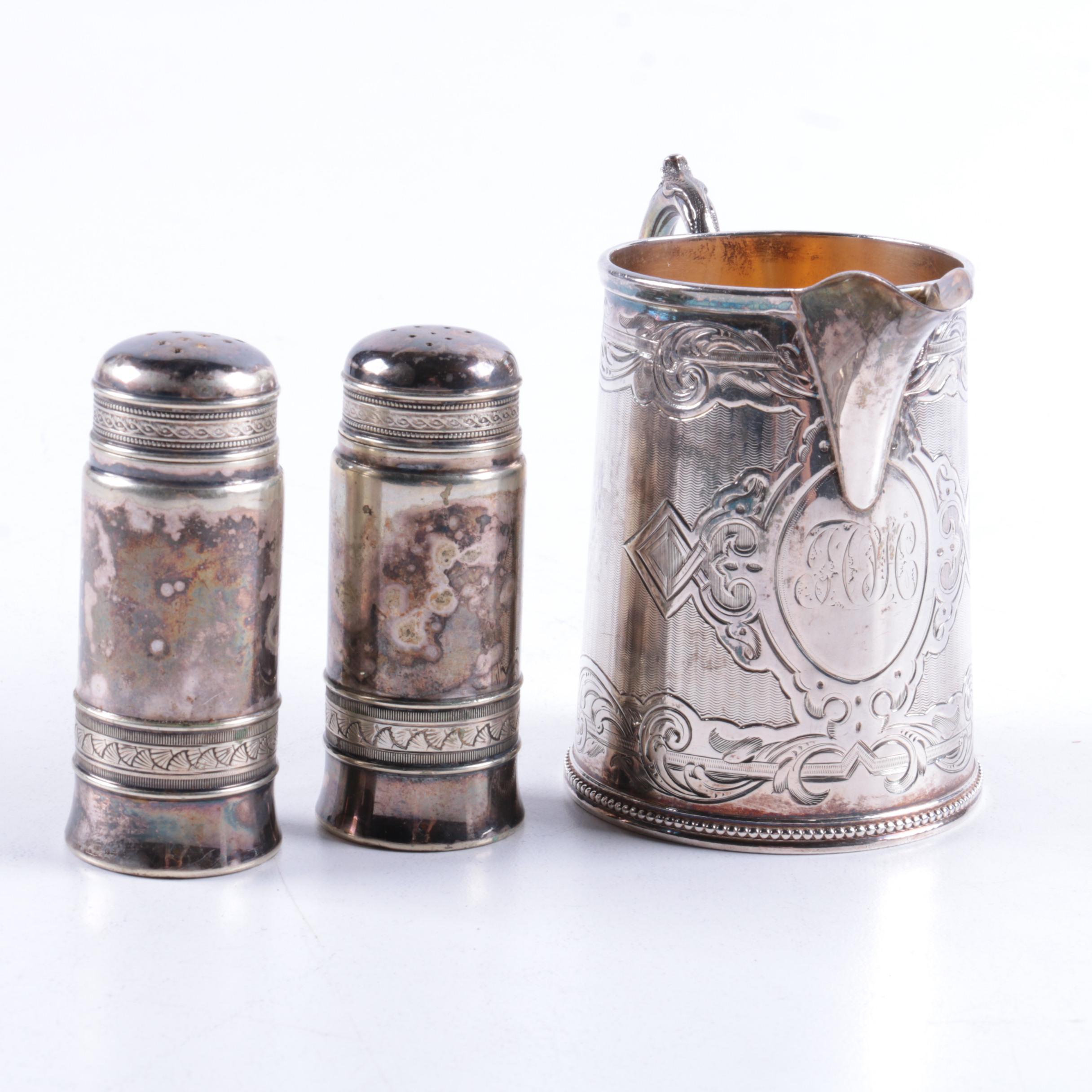 Gorham Silver Plate Salt and Pepper Set with Victorian Sterling Creamer